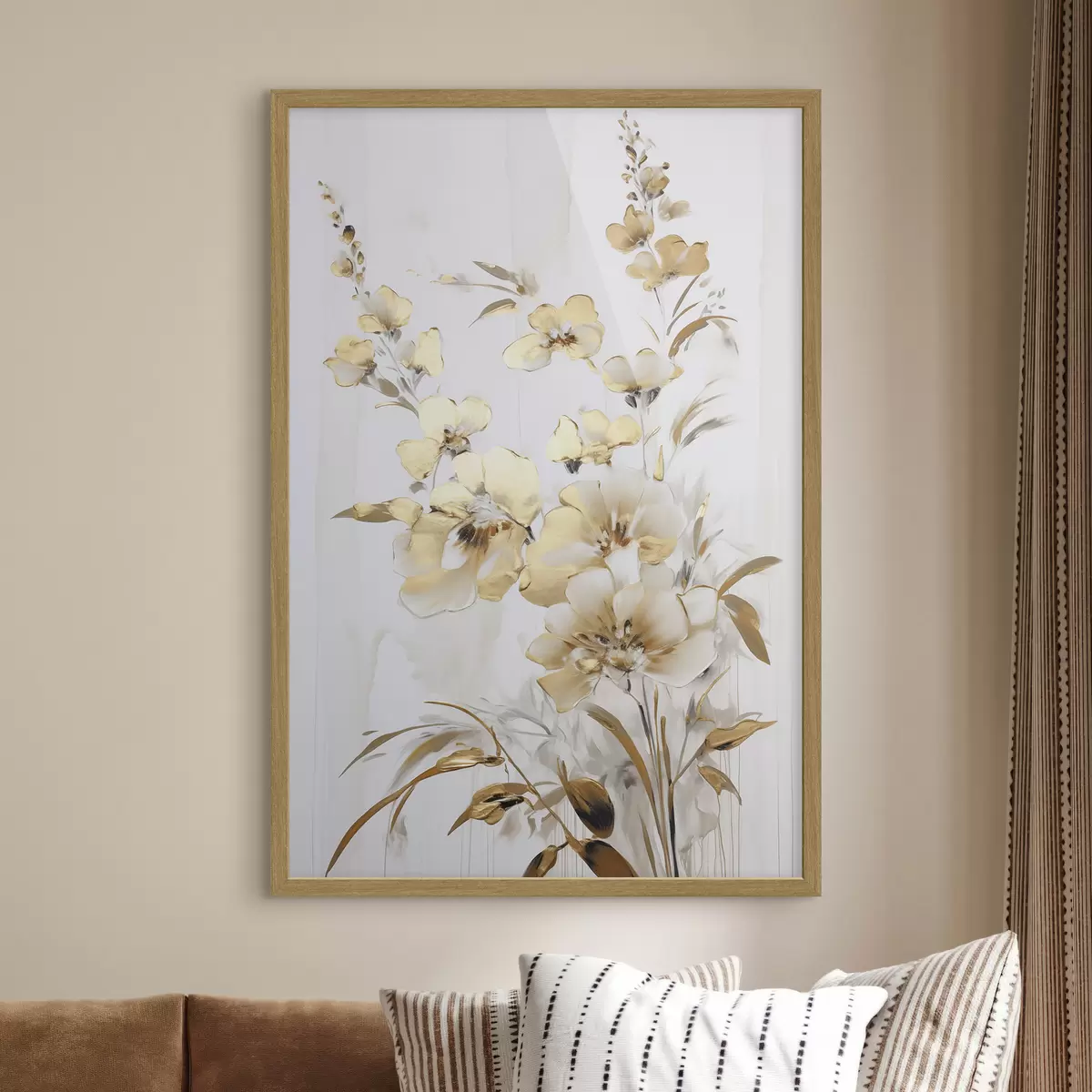 Poster Fleurs et feuilles jaunes texturées sur fond blanc, avec des coups de pinceau délicats f47016