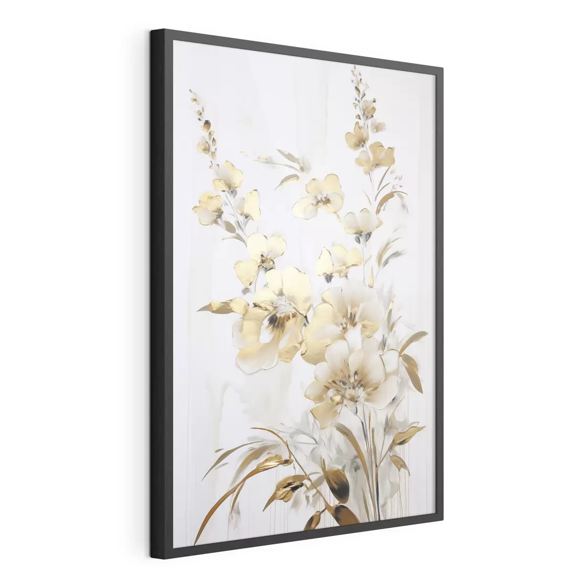 Poster Fleurs et feuilles jaunes texturées sur fond blanc, avec des coups de pinceau délicats f47016