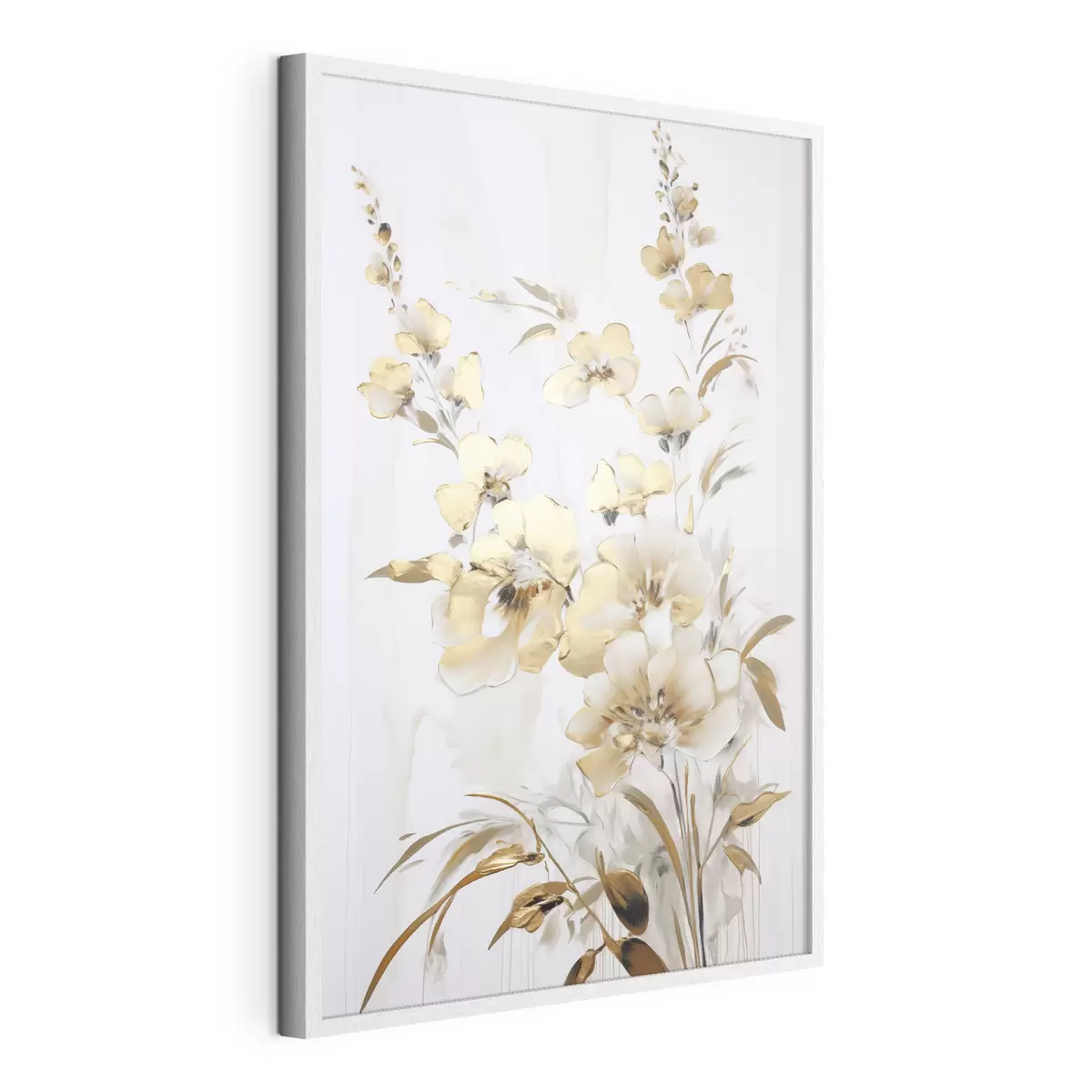Poster Fleurs et feuilles jaunes texturées sur fond blanc, avec des coups de pinceau délicats f47016