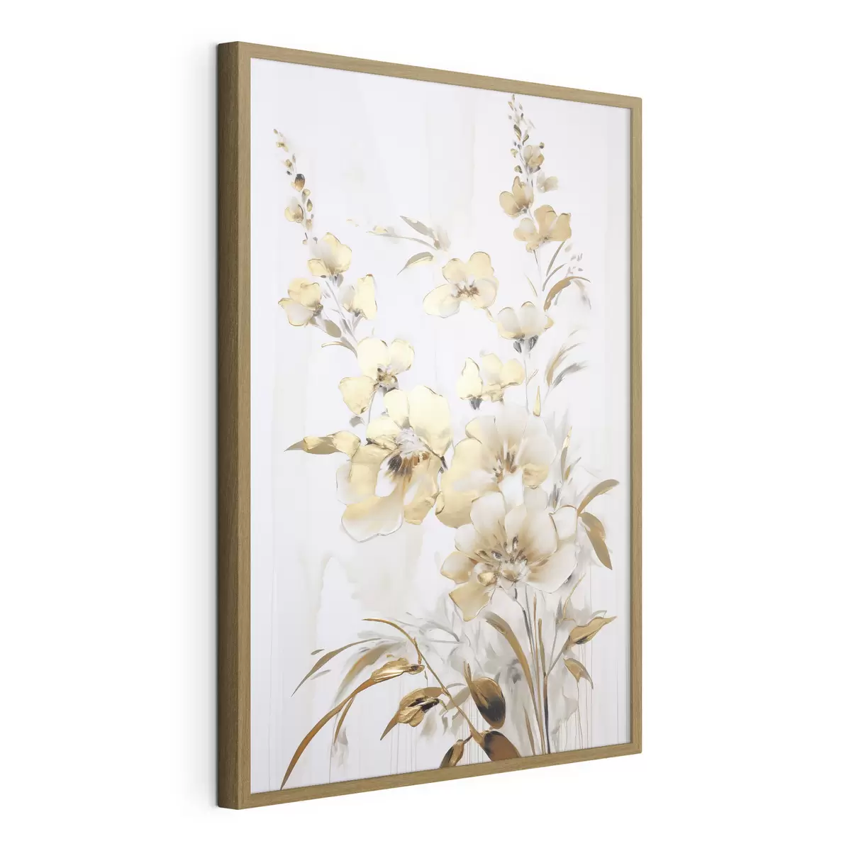 Poster Fleurs et feuilles jaunes texturées sur fond blanc, avec des coups de pinceau délicats f47016