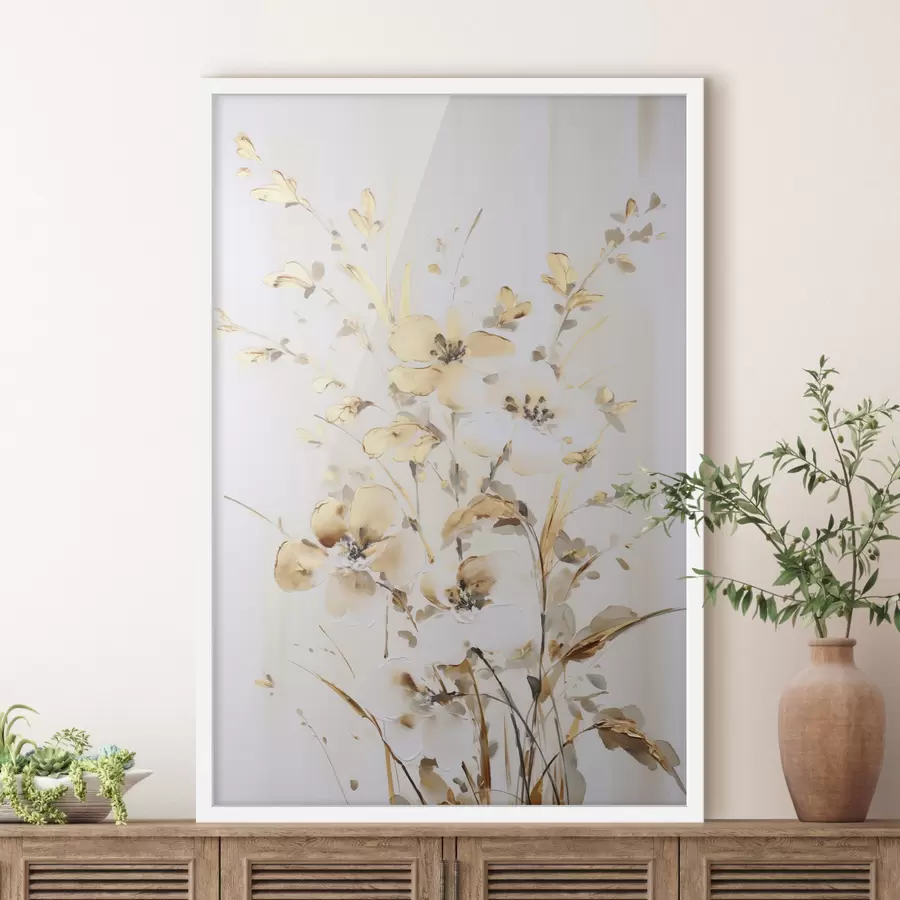 Papier peint Fleurs et feuilles jaunes texturées sur fond blanc, avec des coups de pinceau délicats f47017