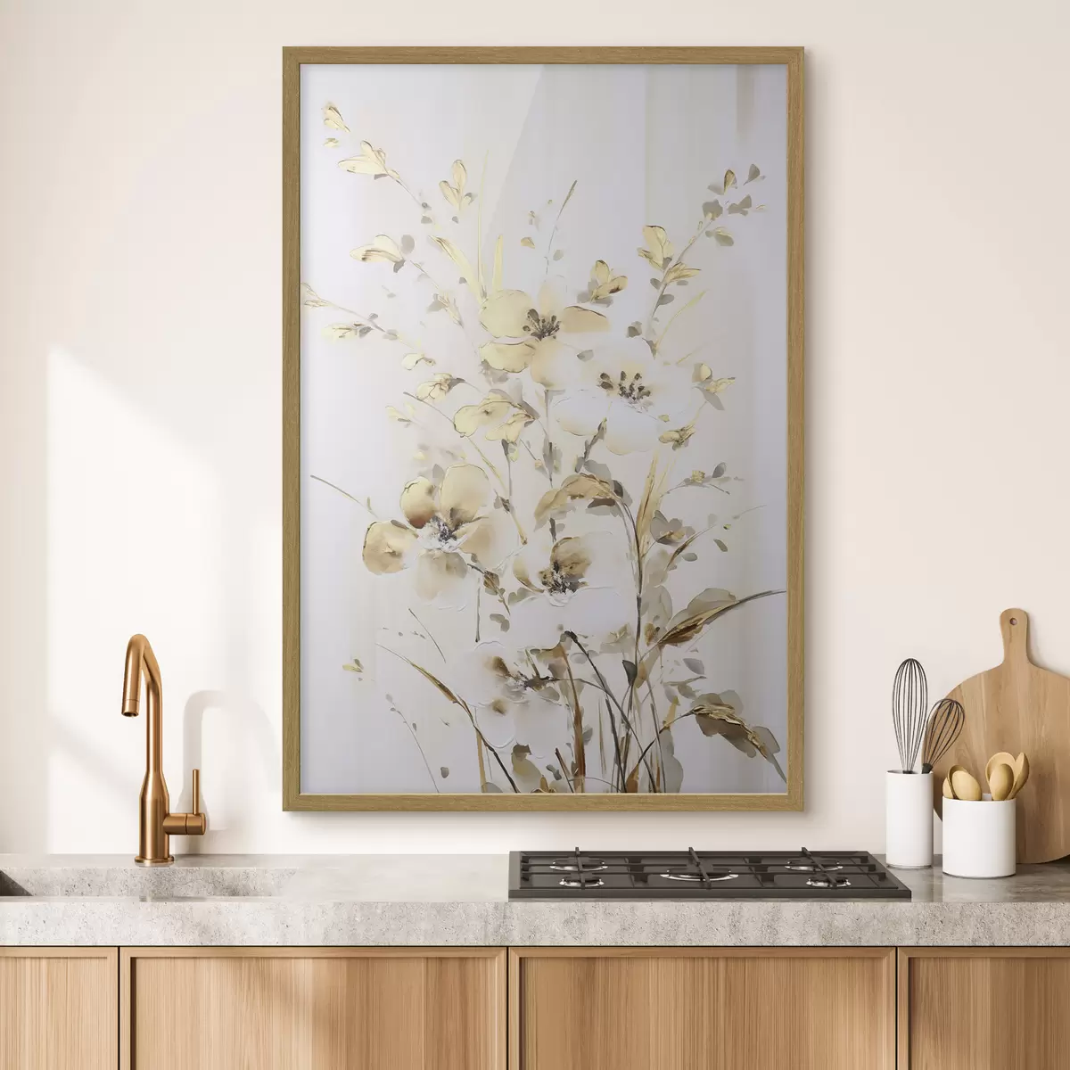 Poster Fleurs et feuilles jaunes texturées sur fond blanc, avec des coups de pinceau délicats f47017