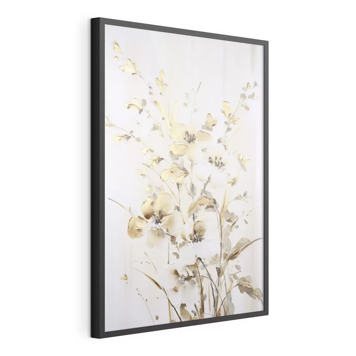 Poster Fleurs et feuilles jaunes texturées sur fond blanc, avec des coups de pinceau délicats f47017