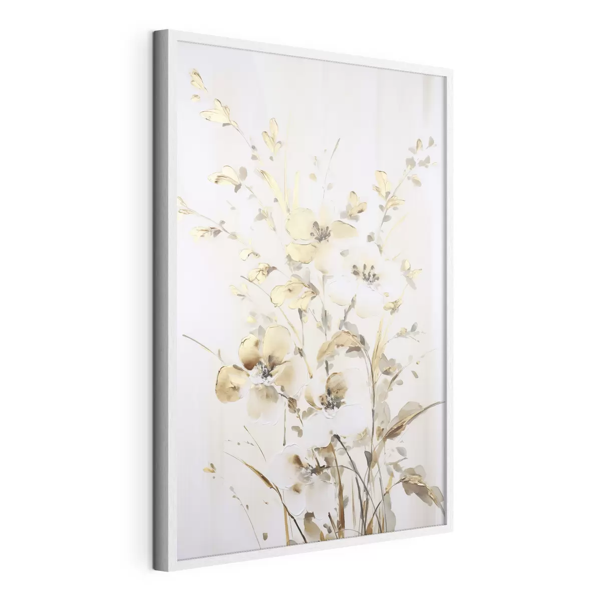 Poster Fleurs et feuilles jaunes texturées sur fond blanc, avec des coups de pinceau délicats f47017