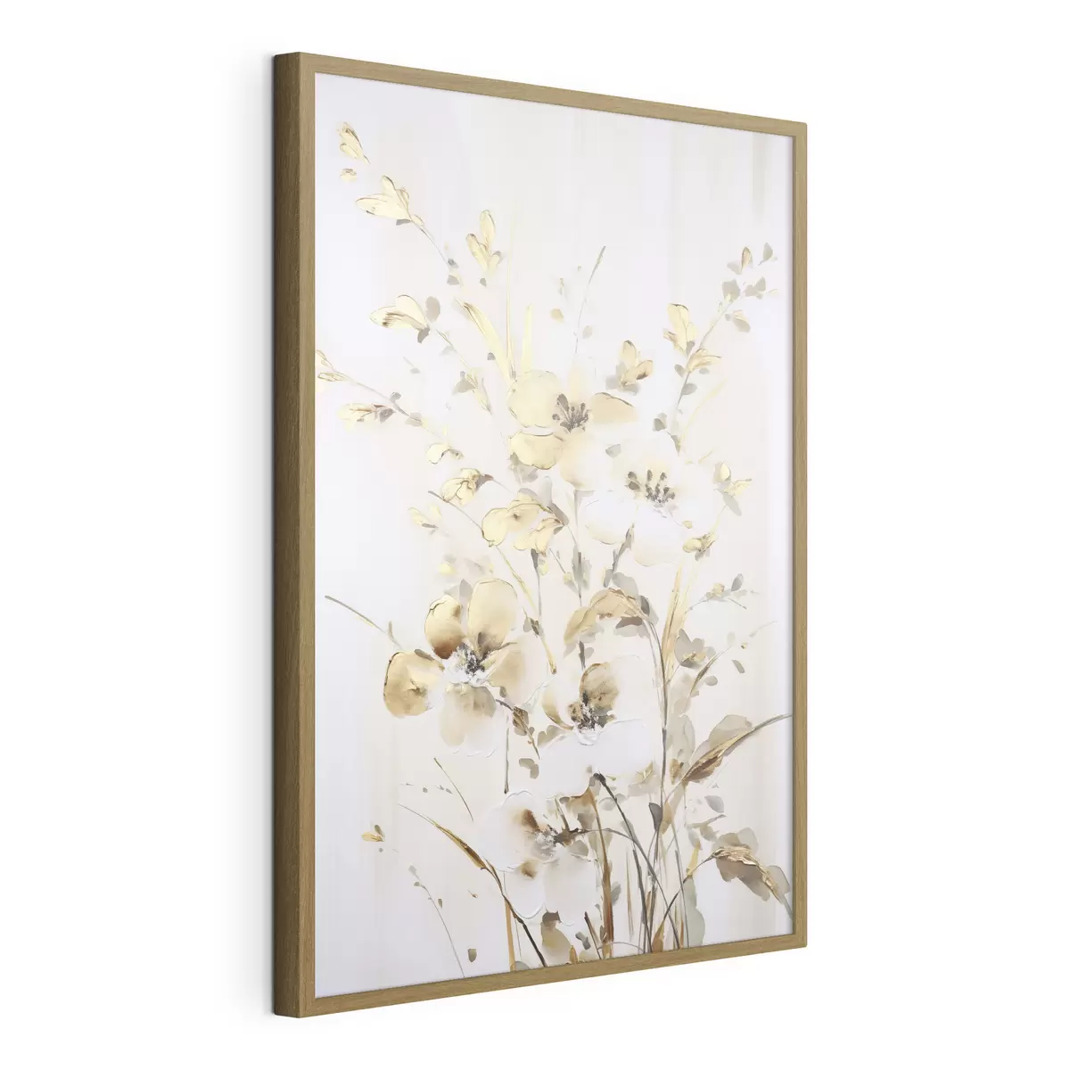 Poster Fleurs et feuilles jaunes texturées sur fond blanc, avec des coups de pinceau délicats f47017