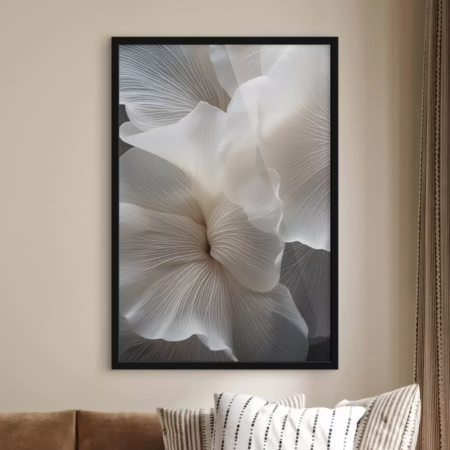 Papier peint Gros plan sur de délicats pétales de fleurs blancs abstraits aux lignes complexes et au fond sombre flou f47019