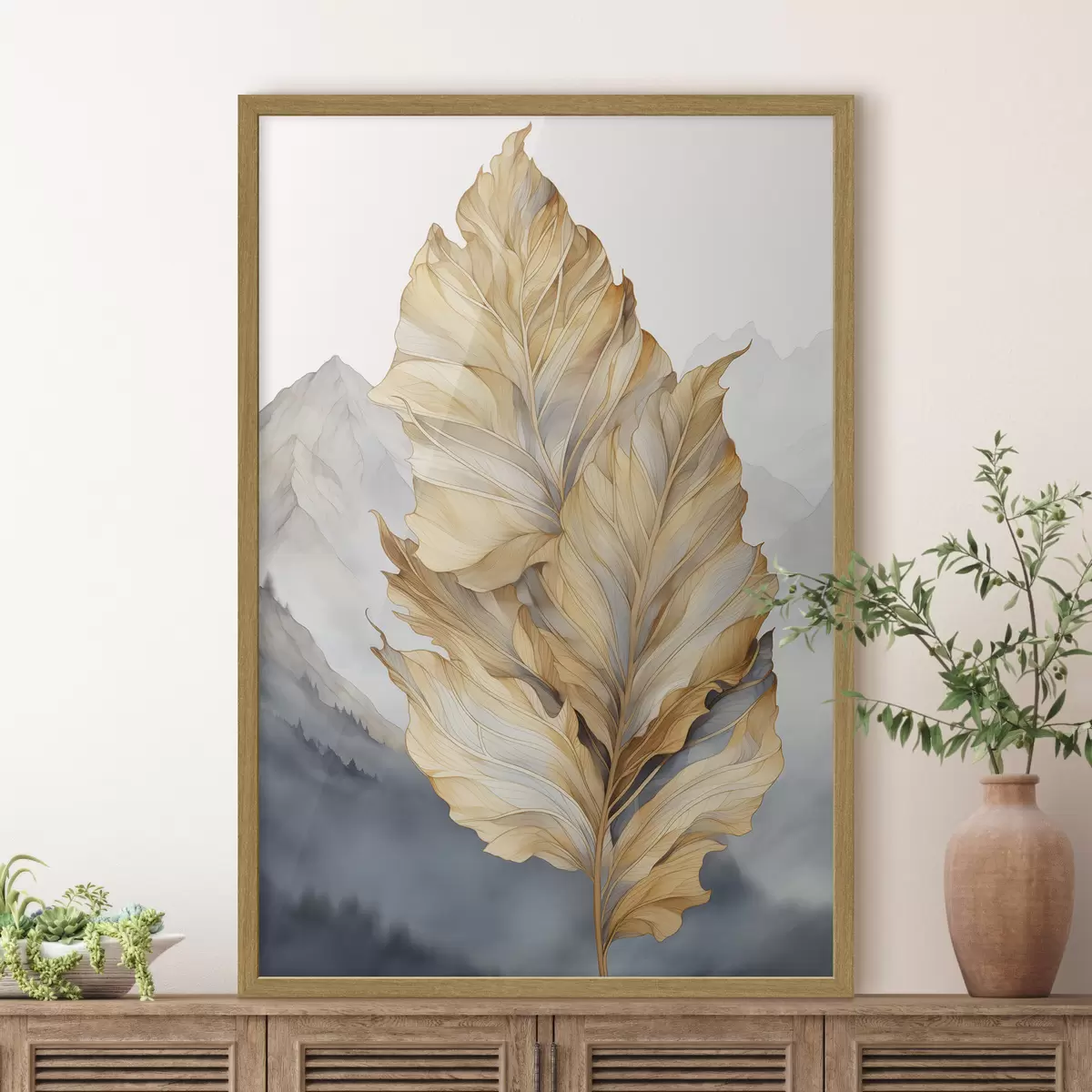 Poster Feuilles abstraites, grandes, jaunes et brunes, aux détails complexes, sur fond de paysage montagneux f47022