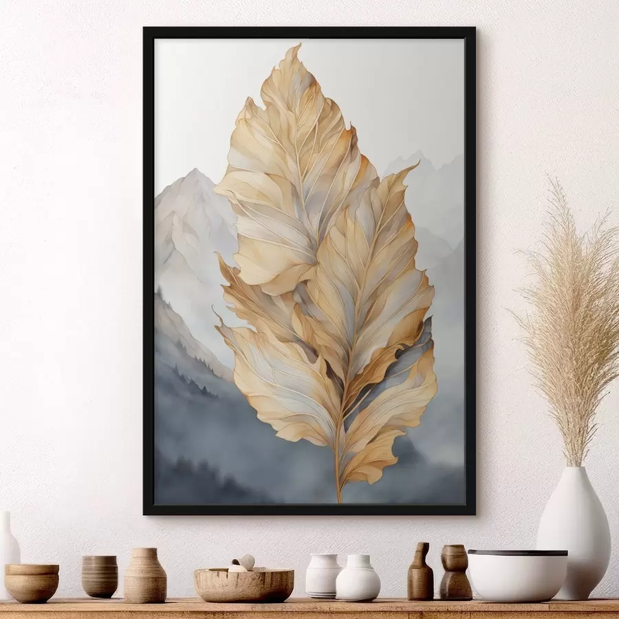 Papier peint Feuilles abstraites, grandes, jaunes et brunes, aux détails complexes, sur fond de paysage montagneux. f47022