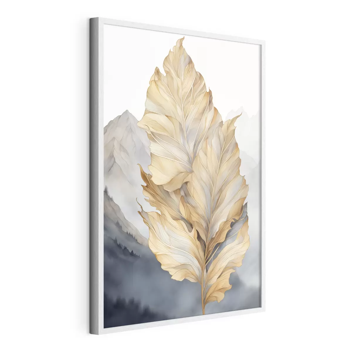 Poster Feuilles abstraites, grandes, jaunes et brunes, aux détails complexes, sur fond de paysage montagneux f47022