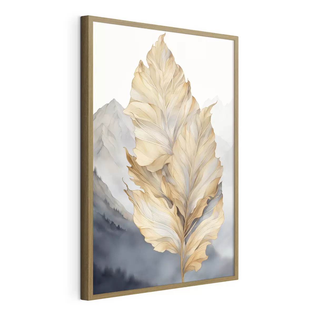 Poster Feuilles abstraites, grandes, jaunes et brunes, aux détails complexes, sur fond de paysage montagneux f47022