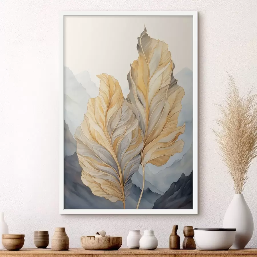 Papier peint Feuilles abstraites, grandes, jaunes et brunes, aux détails complexes, sur fond de paysage montagneux. f47023