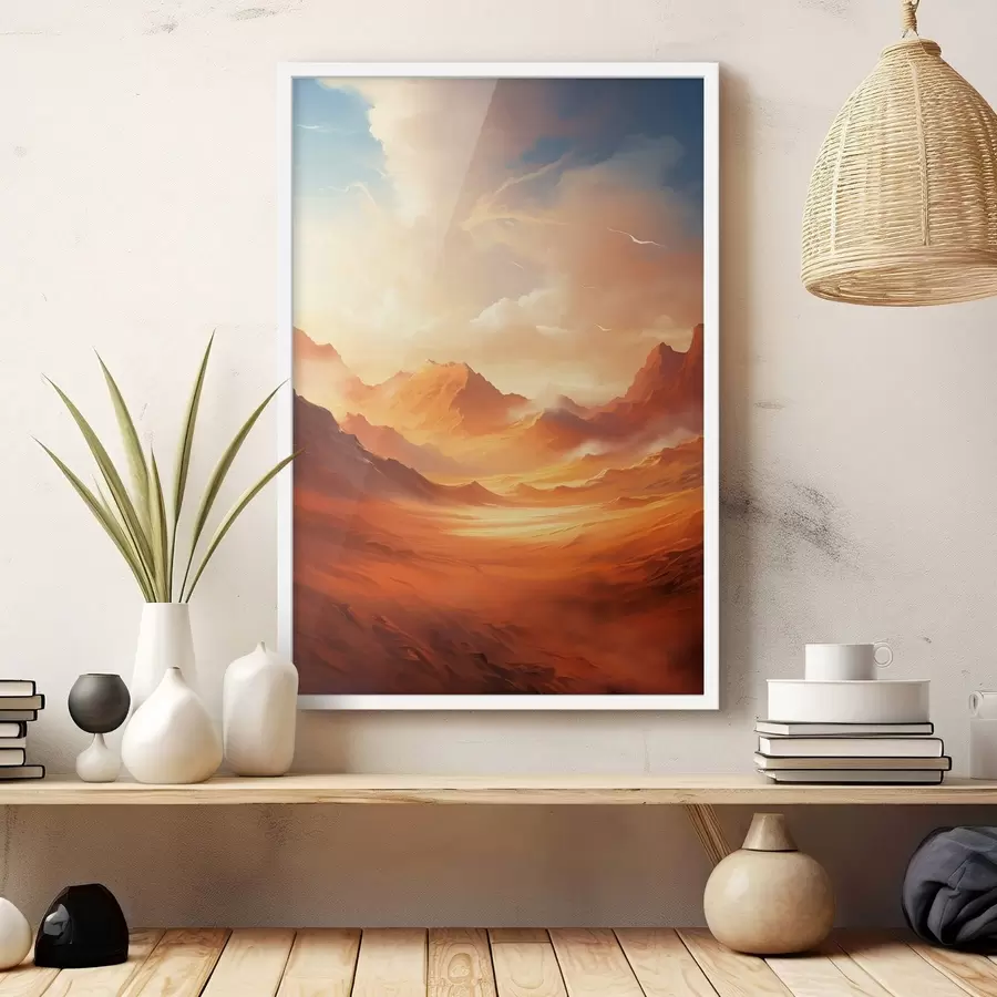 Papier peint Un vaste paysage désertique orange avec des montagnes rocheuses imposantes sous un ciel brumeux et ensoleillé, parsemé de nuages vaporeux. f47028