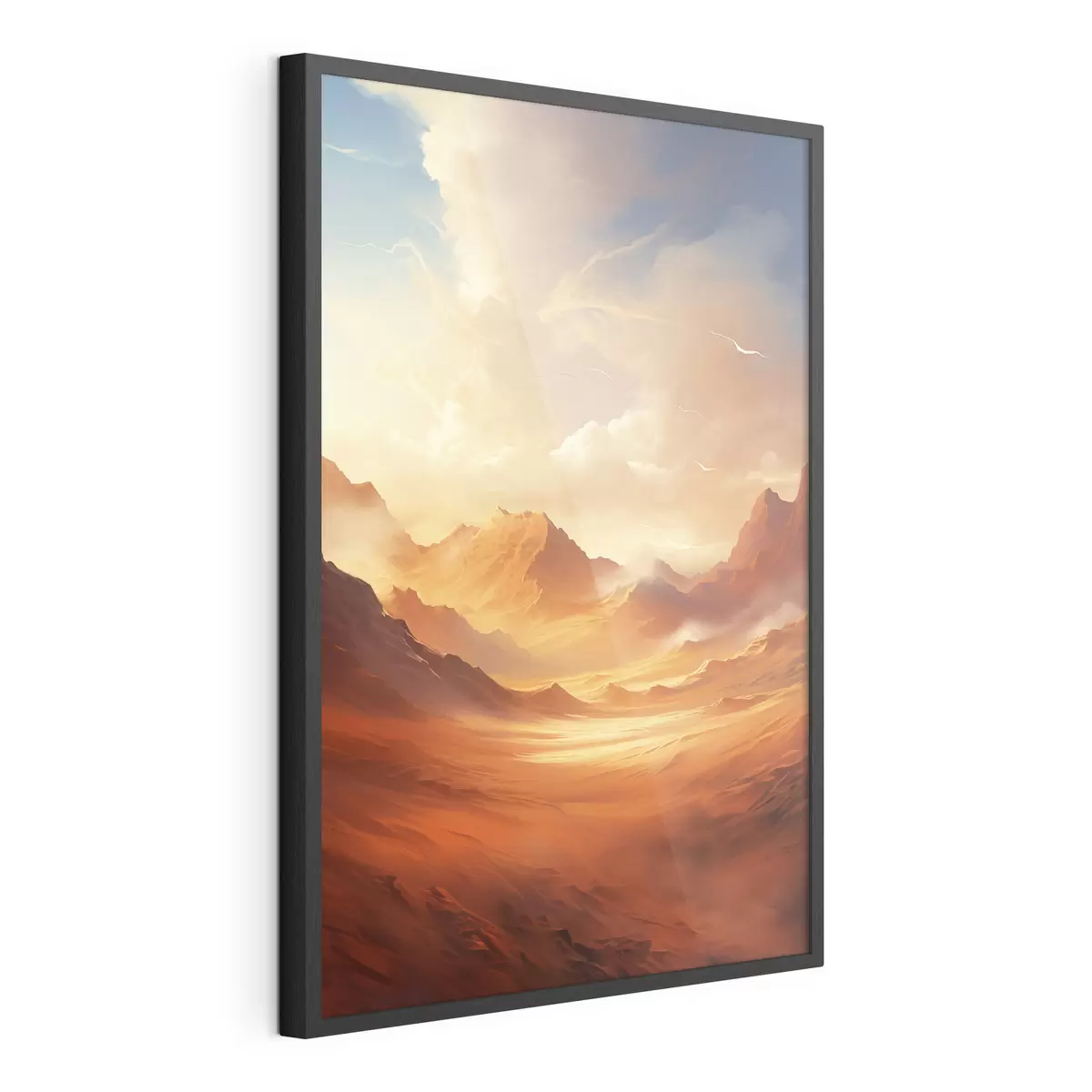 Poster Un vaste paysage désertique orange avec des montagnes rocheuses imposantes sous un ciel brumeux et ensoleillé, parsemé de nuages vaporeux f47028