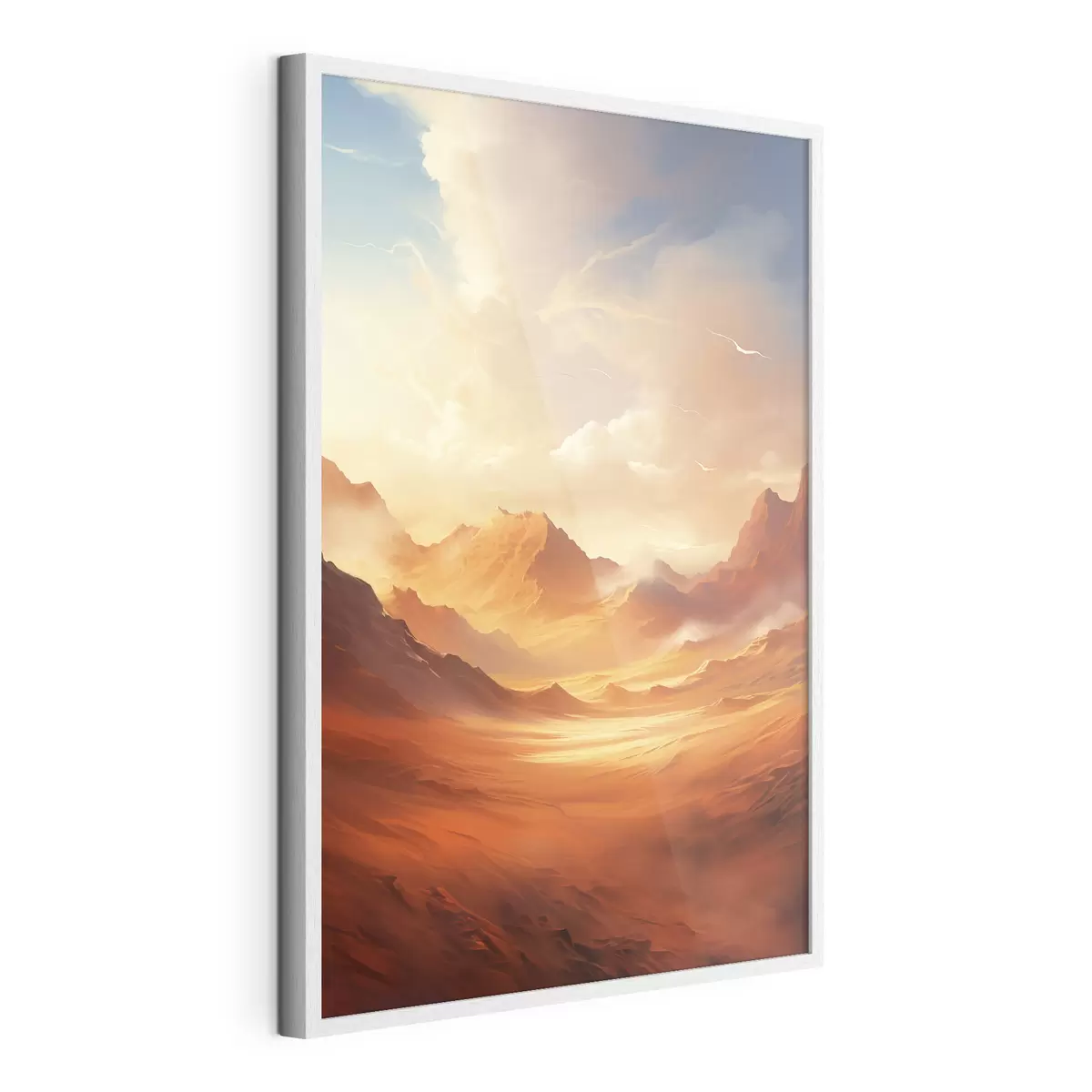 Poster Un vaste paysage désertique orange avec des montagnes rocheuses imposantes sous un ciel brumeux et ensoleillé, parsemé de nuages vaporeux f47028