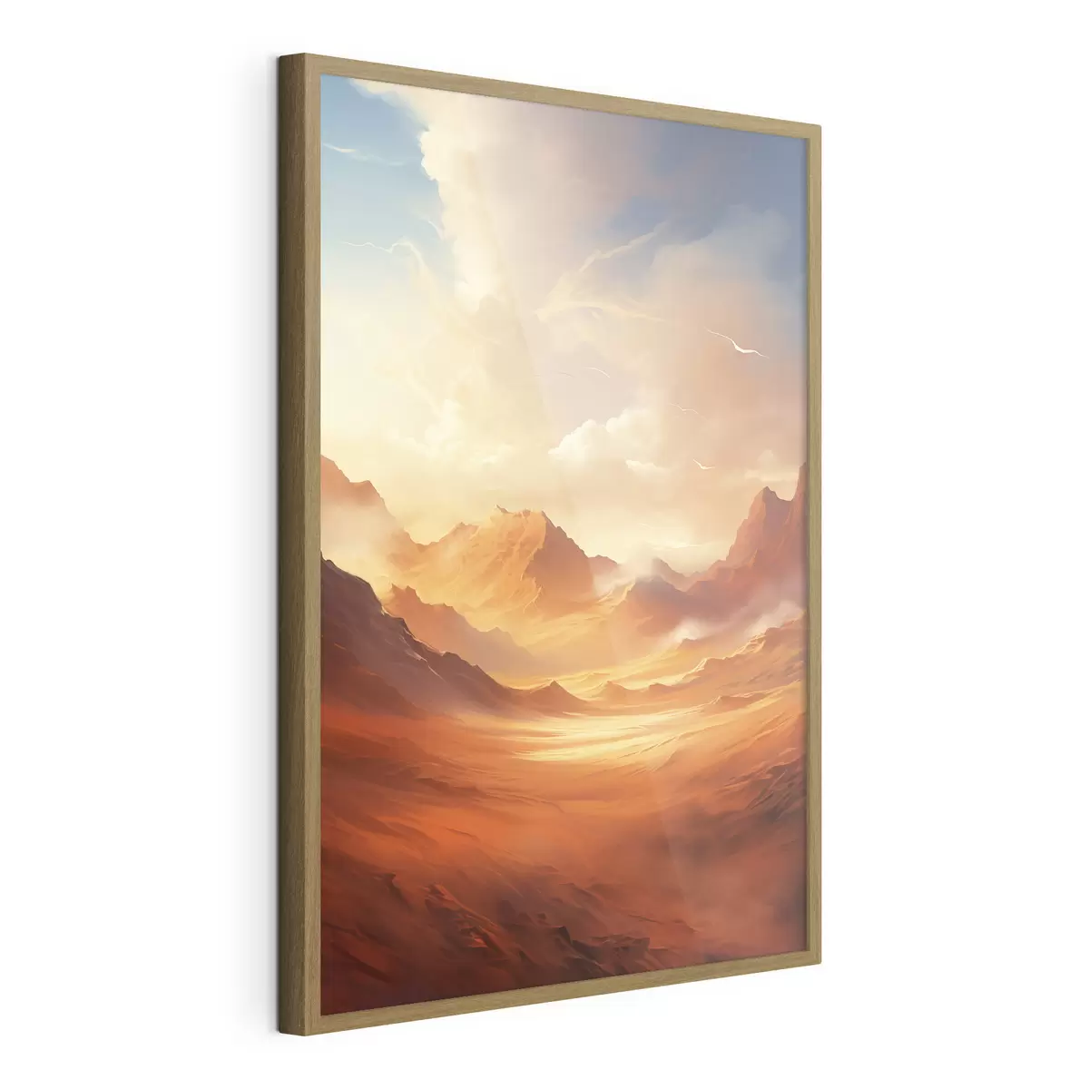 Poster Un vaste paysage désertique orange avec des montagnes rocheuses imposantes sous un ciel brumeux et ensoleillé, parsemé de nuages vaporeux f47028