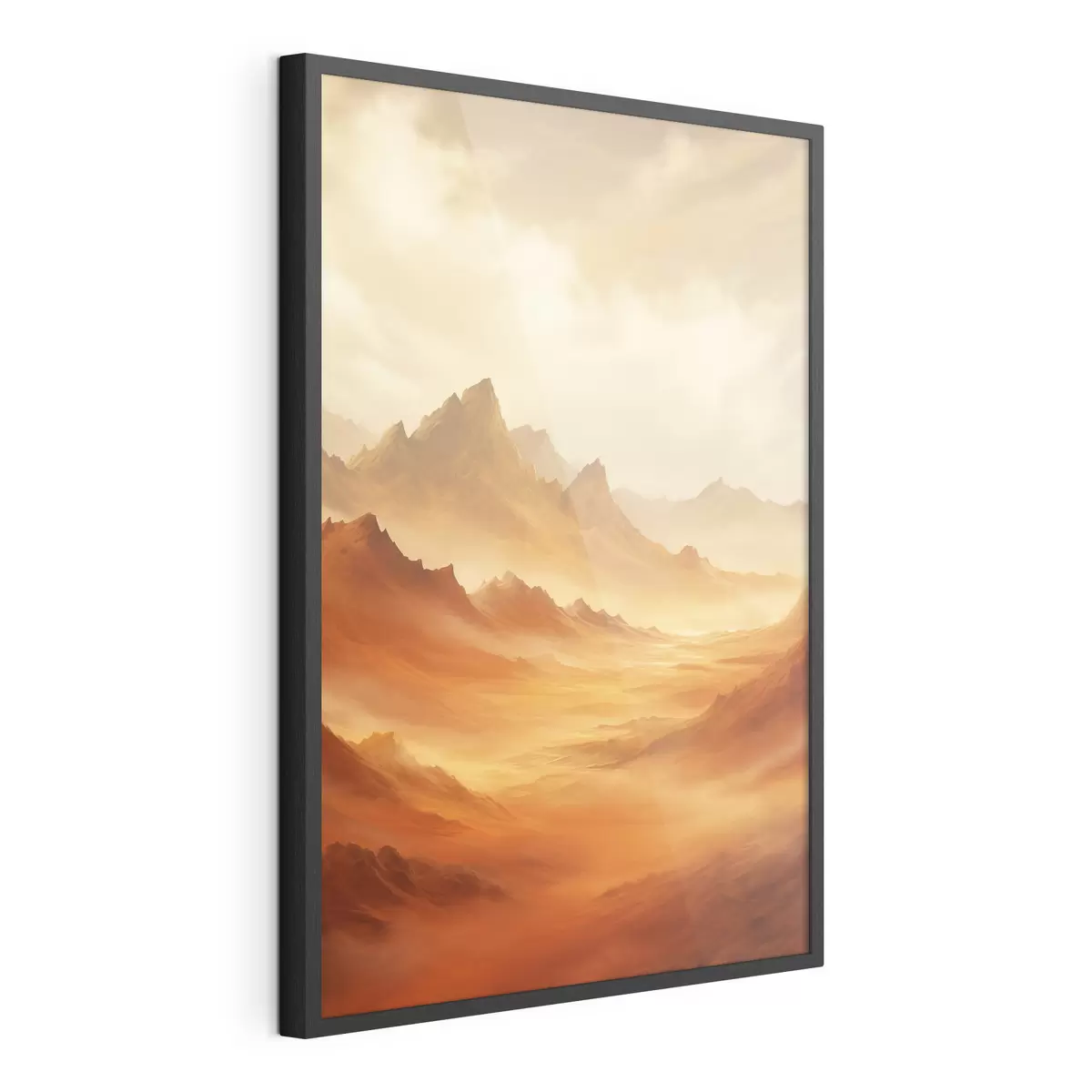 Poster Un vaste paysage désertique orange avec des montagnes rocheuses imposantes sous un ciel brumeux et ensoleillé, parsemé de nuages vaporeux f47029