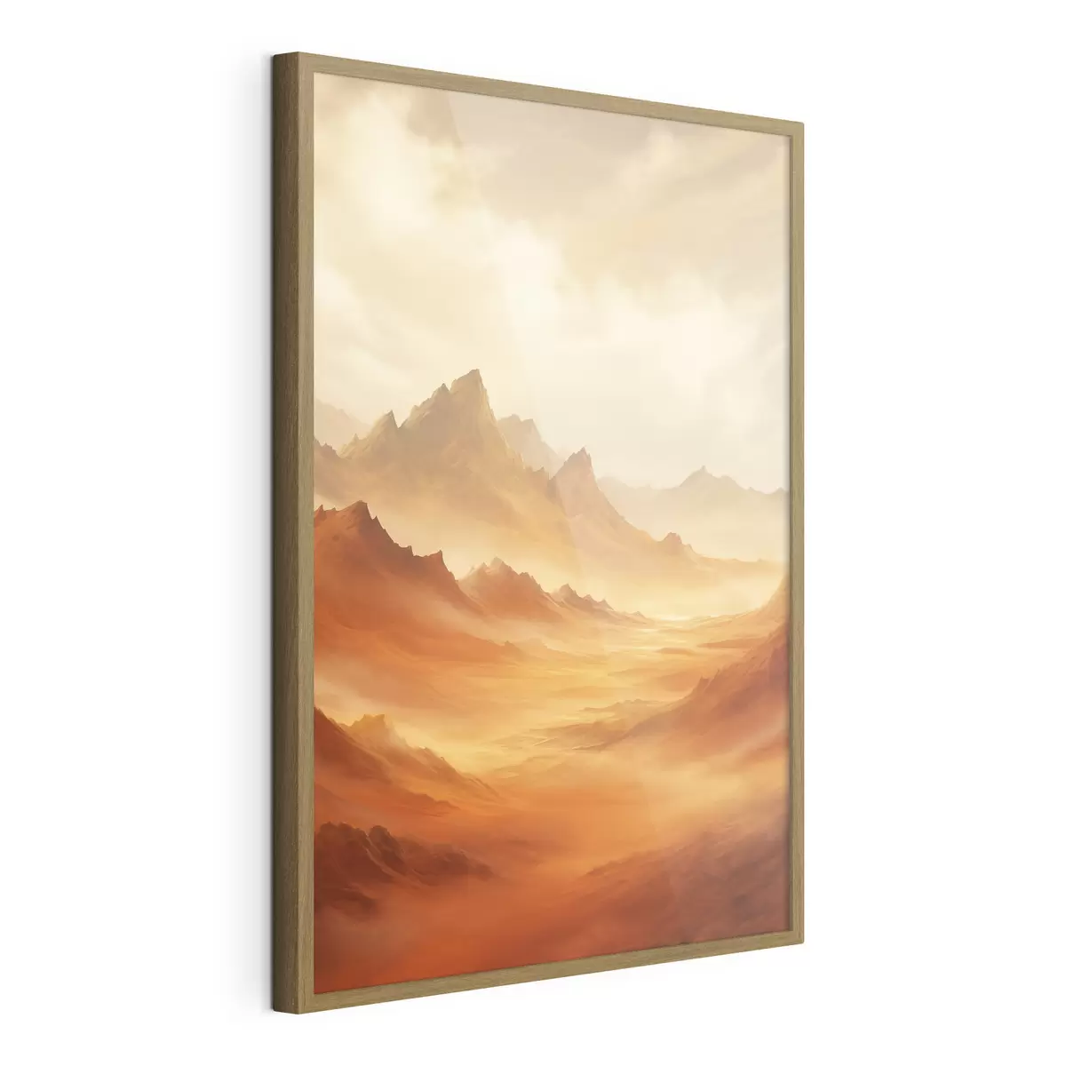 Poster Un vaste paysage désertique orange avec des montagnes rocheuses imposantes sous un ciel brumeux et ensoleillé, parsemé de nuages vaporeux f47029