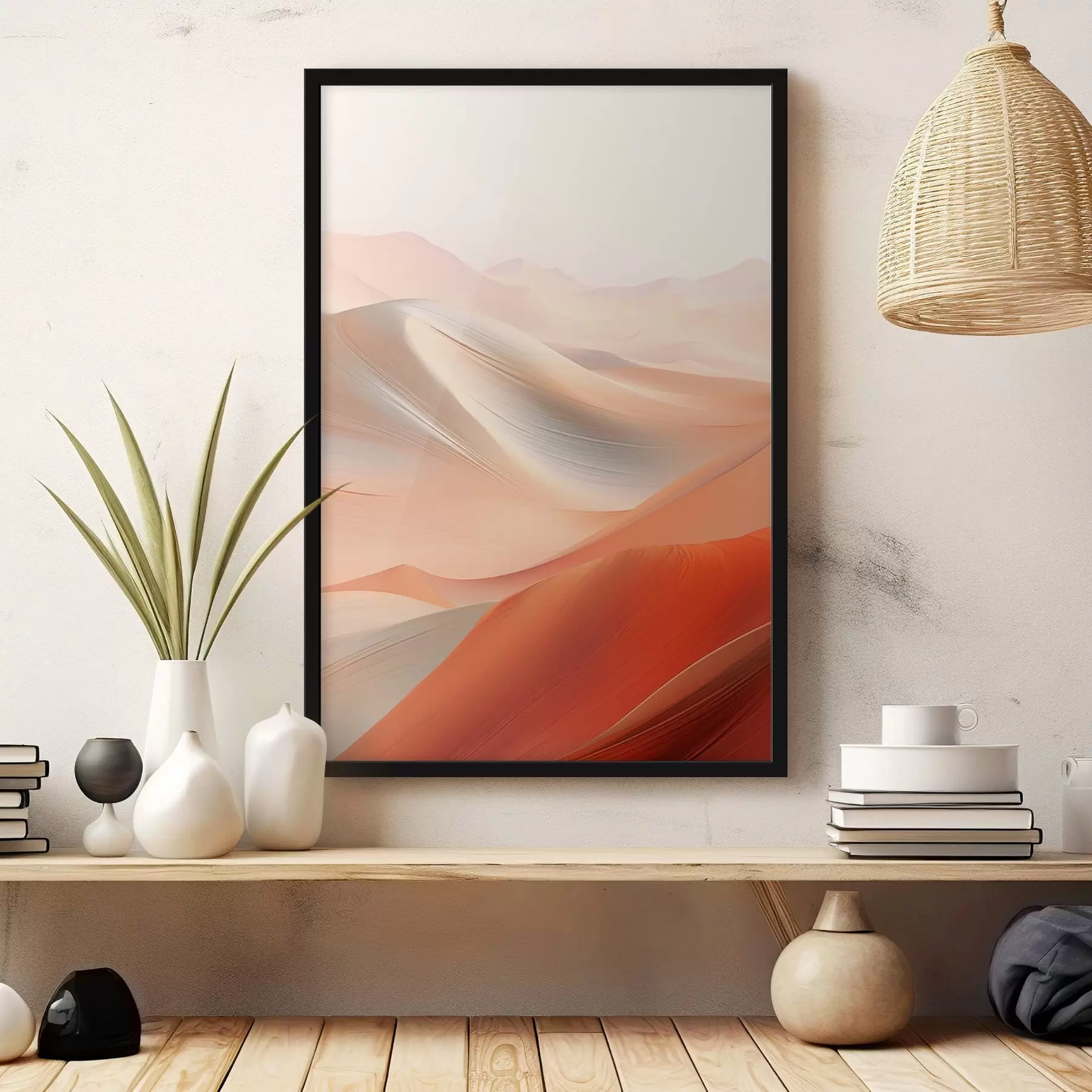 Papier peint Paysage désertique abstrait avec des dunes de sable ondulantes dans des tons chauds orange et blanc f47030