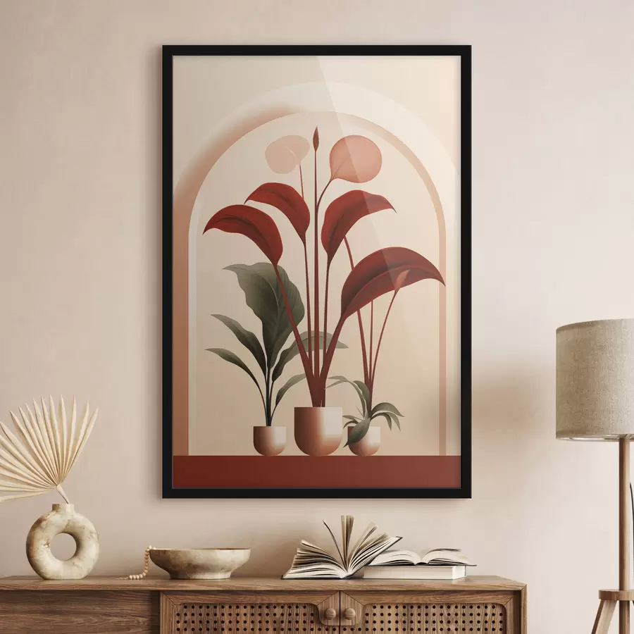 Papier peint Plantes en pot abstraites avec de grandes feuilles vertes et rouges devant une arche de couleur crème. f47033