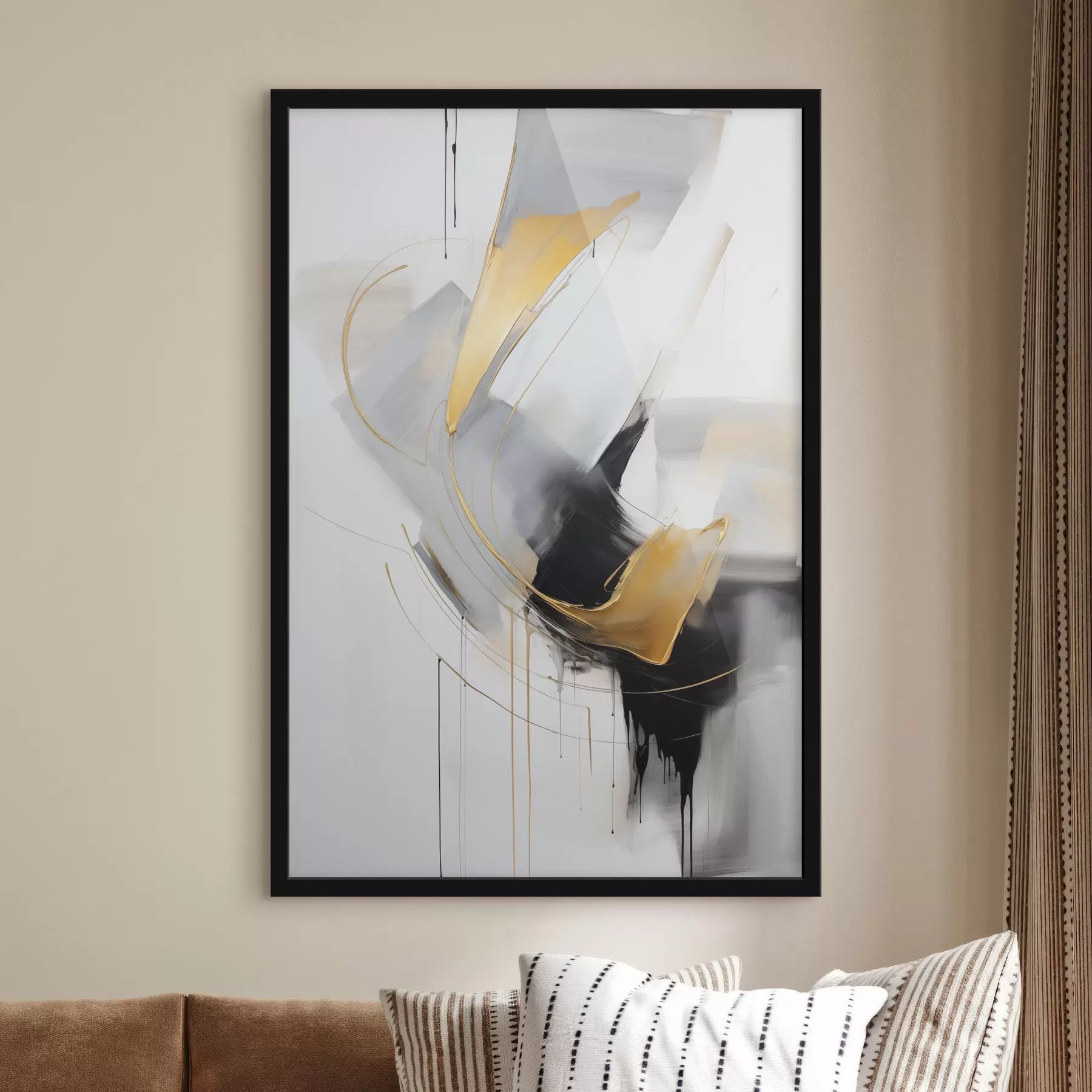 Papier peint Peinture abstraite avec des touches de jaune, noir et blanc, lignes dynamiques f47034