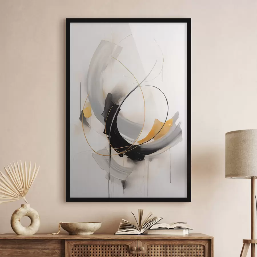 Papier peint Peinture abstraite avec des touches de jaune, noir et blanc, lignes dynamiques f47035