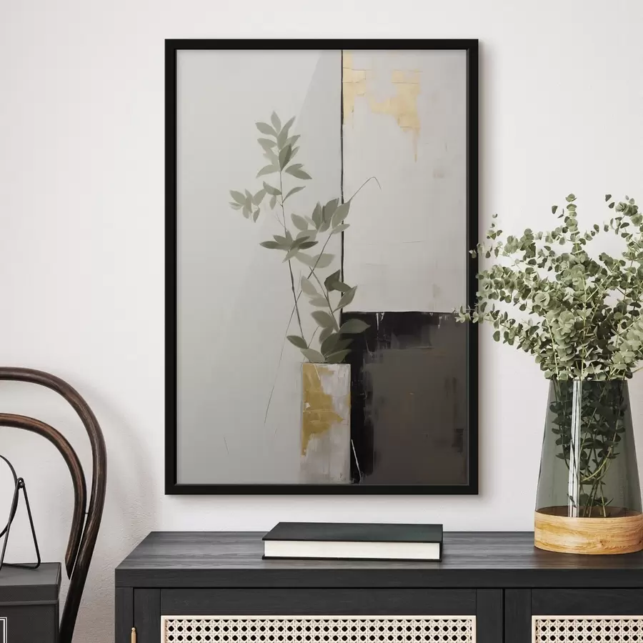 Papier peint Une peinture minimaliste texturée représentant un vase avec des feuilles vertes sur fond de formes géométriques abstraites. f47036