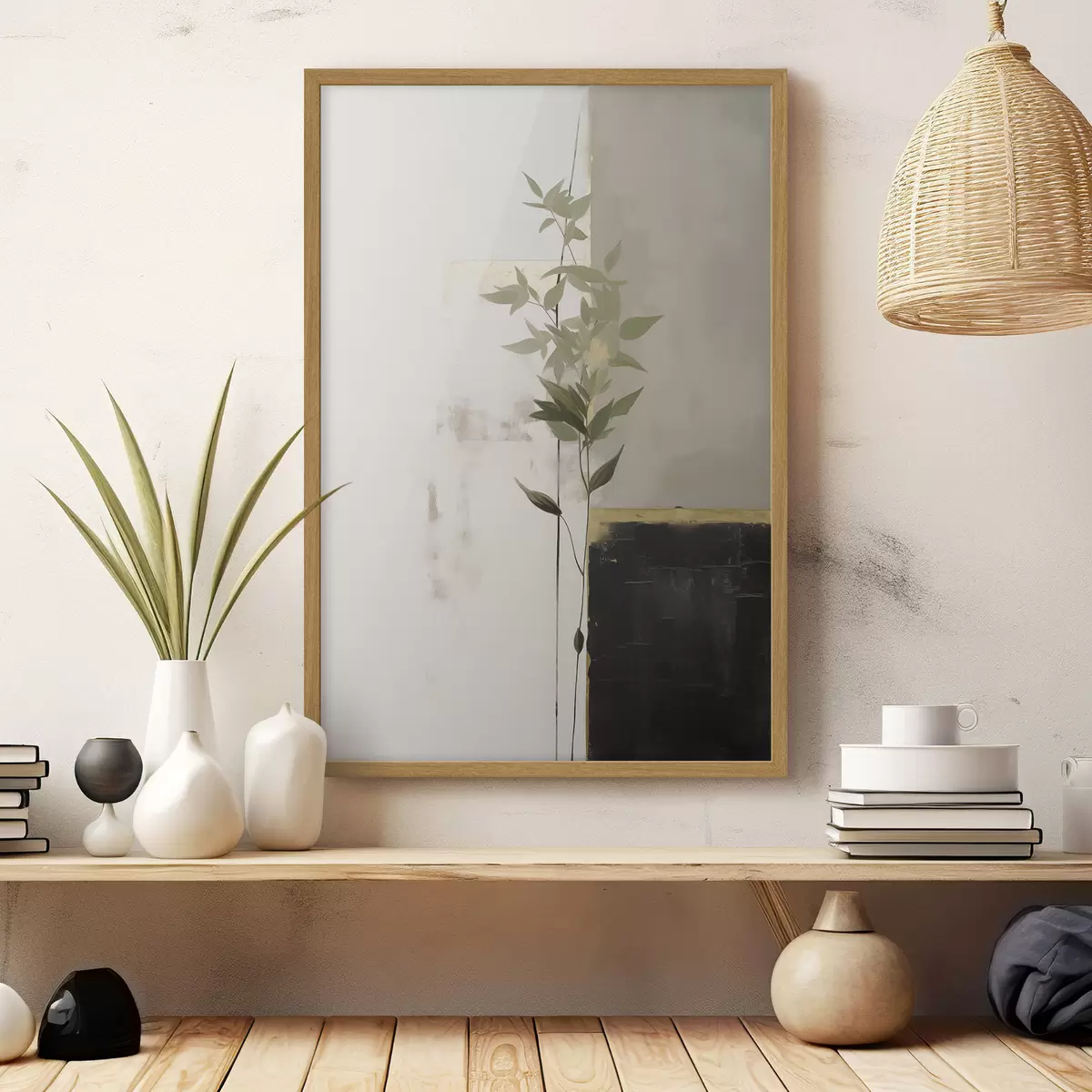 Poster Une peinture minimaliste texturée représentant un vase avec des feuilles vertes sur fond de formes géométriques abstraites f47037