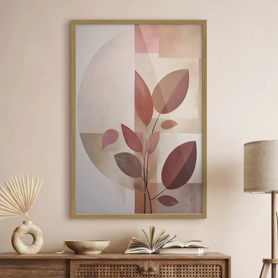 Papier peint Plante abstraite aux feuilles rouges sur fond de formes géométriques et de couleurs douces et discrètes f47041