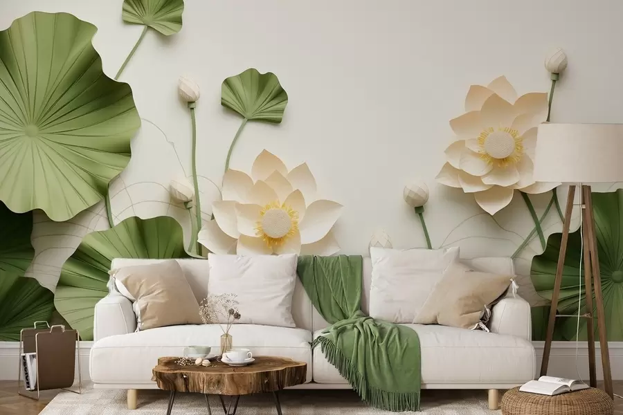Papier peint Fleurs de lotus en 3D avec feuilles vertes texturées, style minimaliste w09560