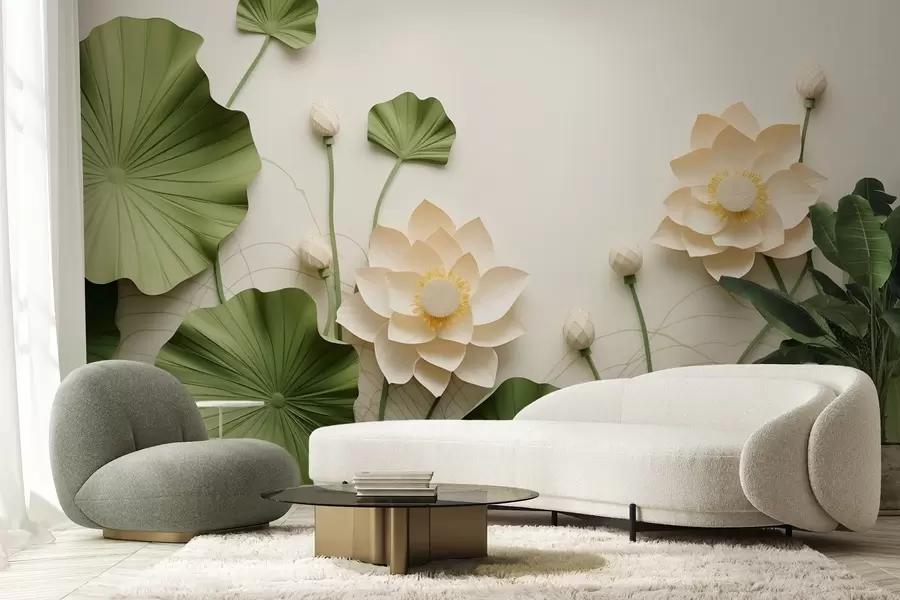 Papier peint Fleurs de lotus en 3D avec feuilles vertes texturées, style minimaliste w09560