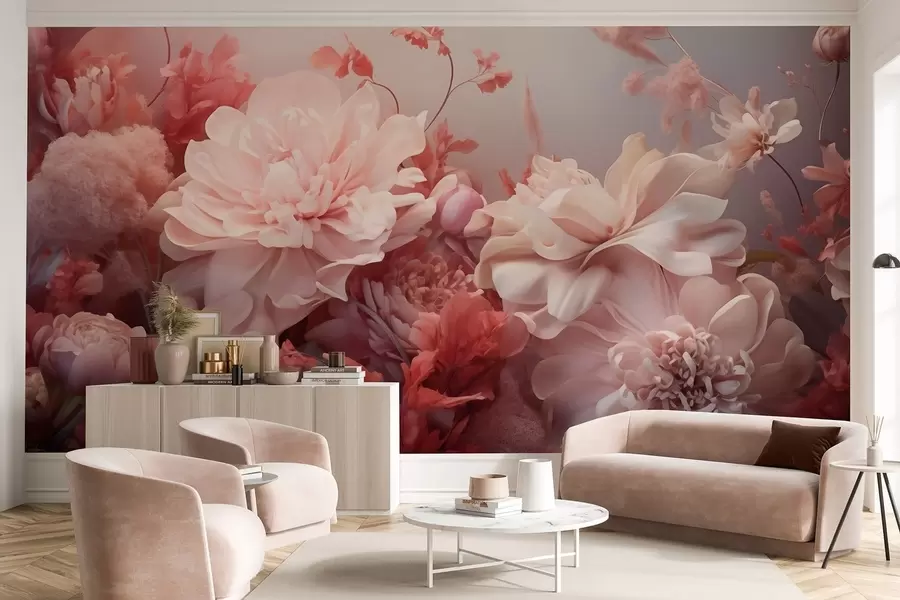 Papier peint Pivoines volumineuses rose poudré dans une composition florale w09571