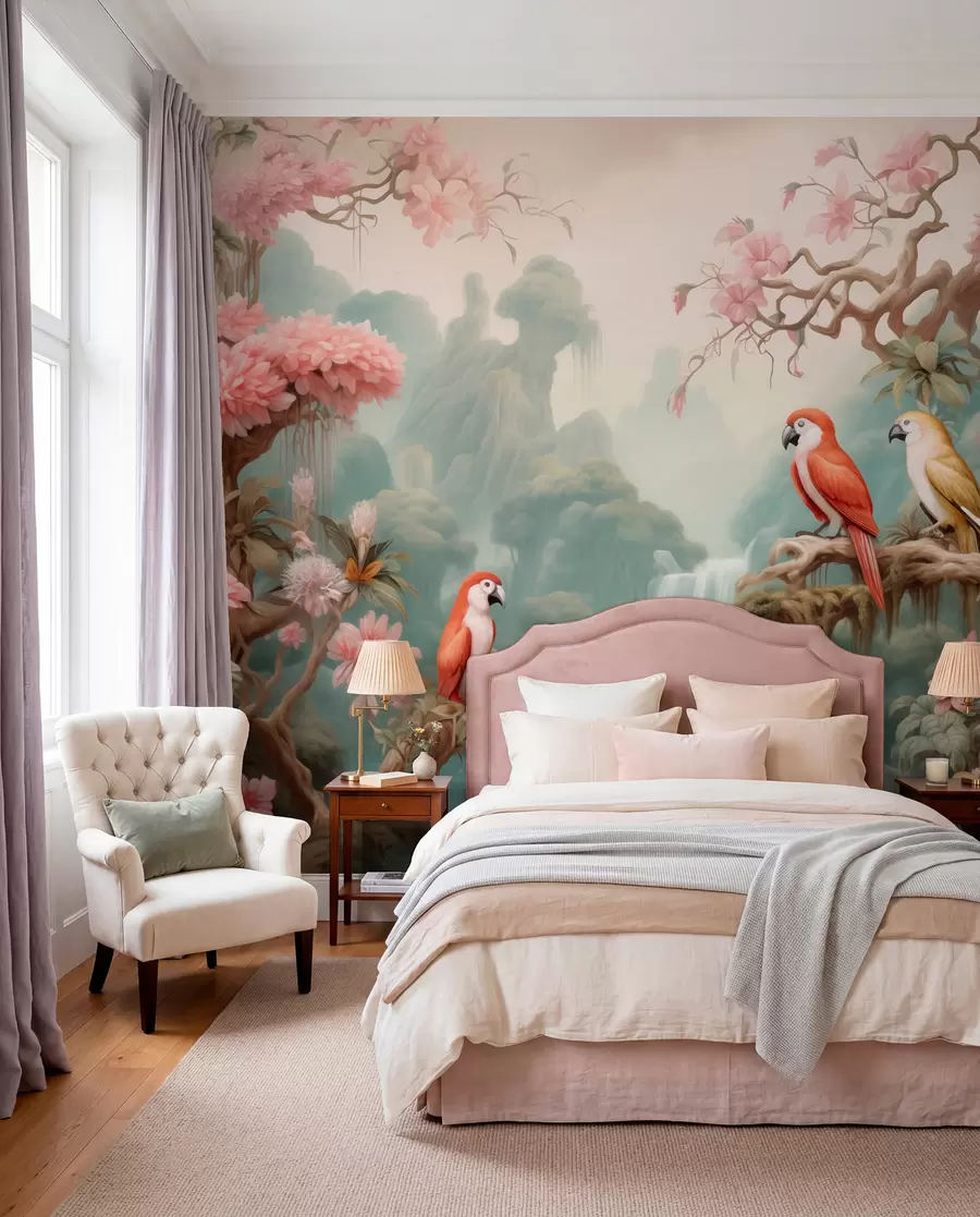 Papier peint Une forêt tropicale féérique avec des perroquets, des arbres en fleurs roses et une cascade. w09580