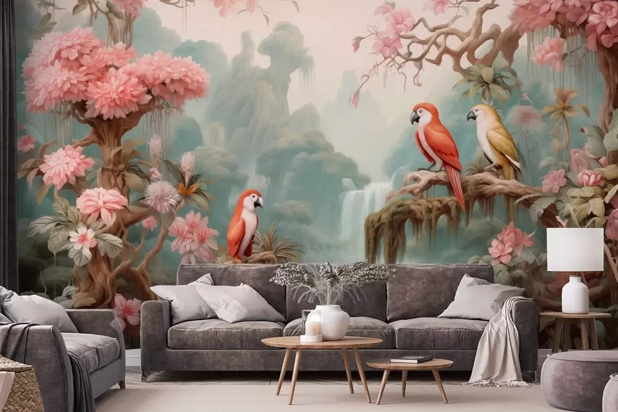 Papier peint Une forêt tropicale féérique avec des perroquets, des arbres en fleurs roses et une cascade. w09580