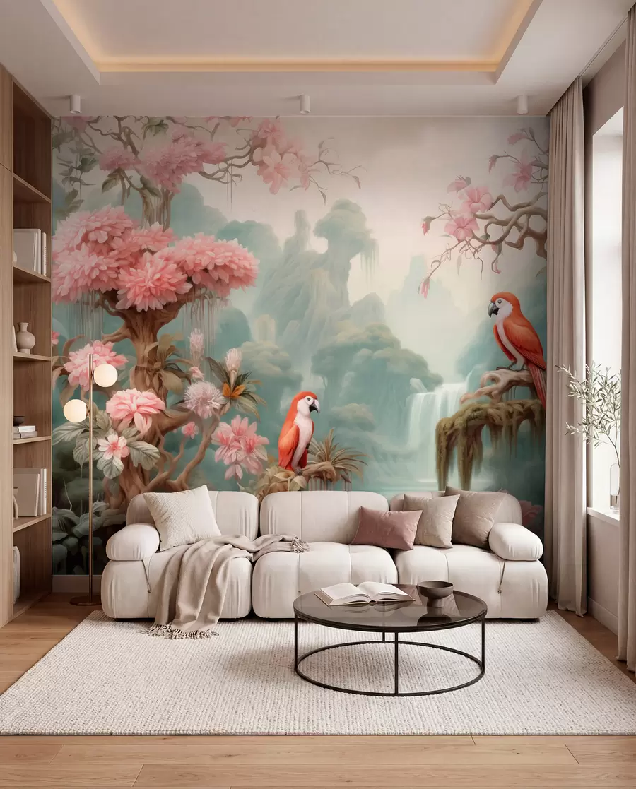Papier peint Une forêt tropicale féérique avec des perroquets, des arbres en fleurs roses et une cascade. w09580