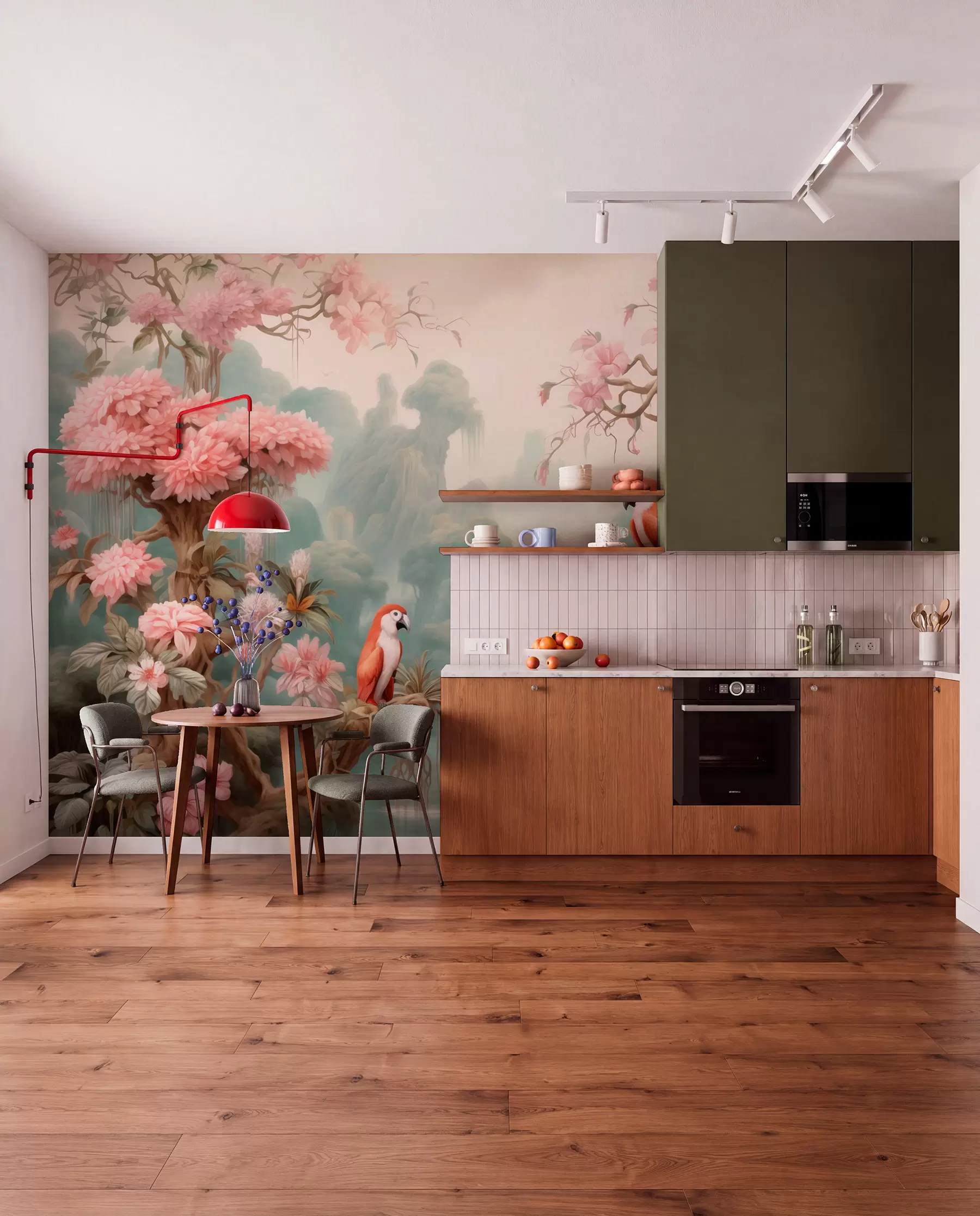 Papier peint Une forêt tropicale féérique avec des perroquets, des arbres en fleurs roses et une cascade. w09580