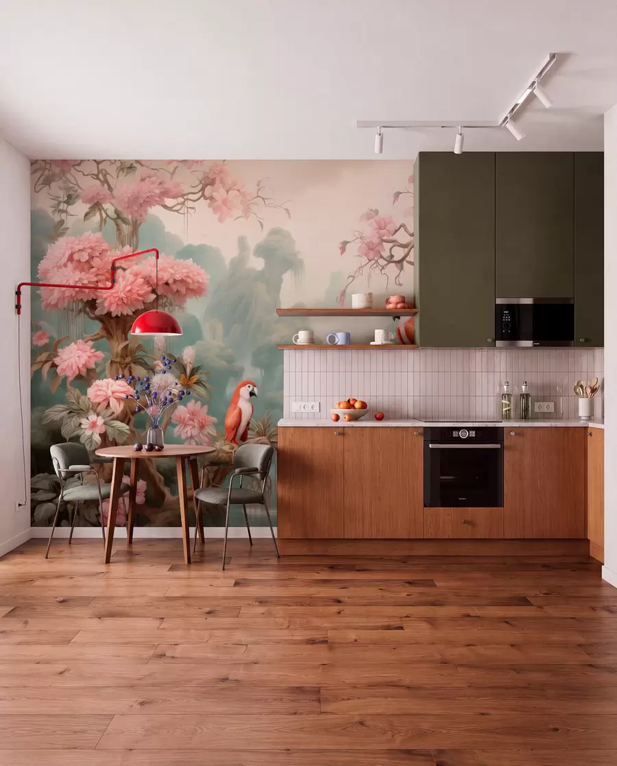 Papier peint Une forêt tropicale féérique avec des perroquets, des arbres en fleurs roses et une cascade. w09580