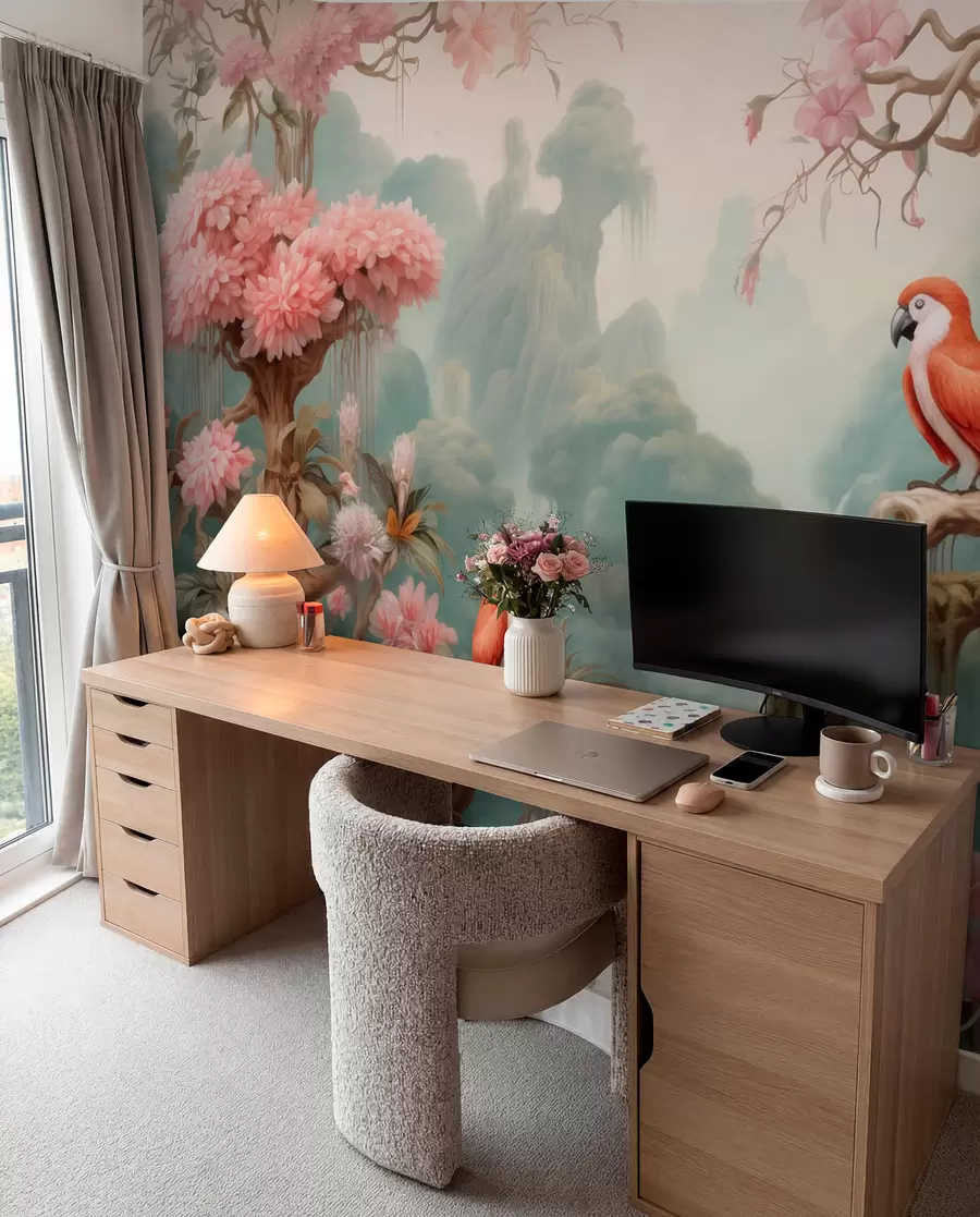 Papier peint Une forêt tropicale féérique avec des perroquets, des arbres en fleurs roses et une cascade. w09580