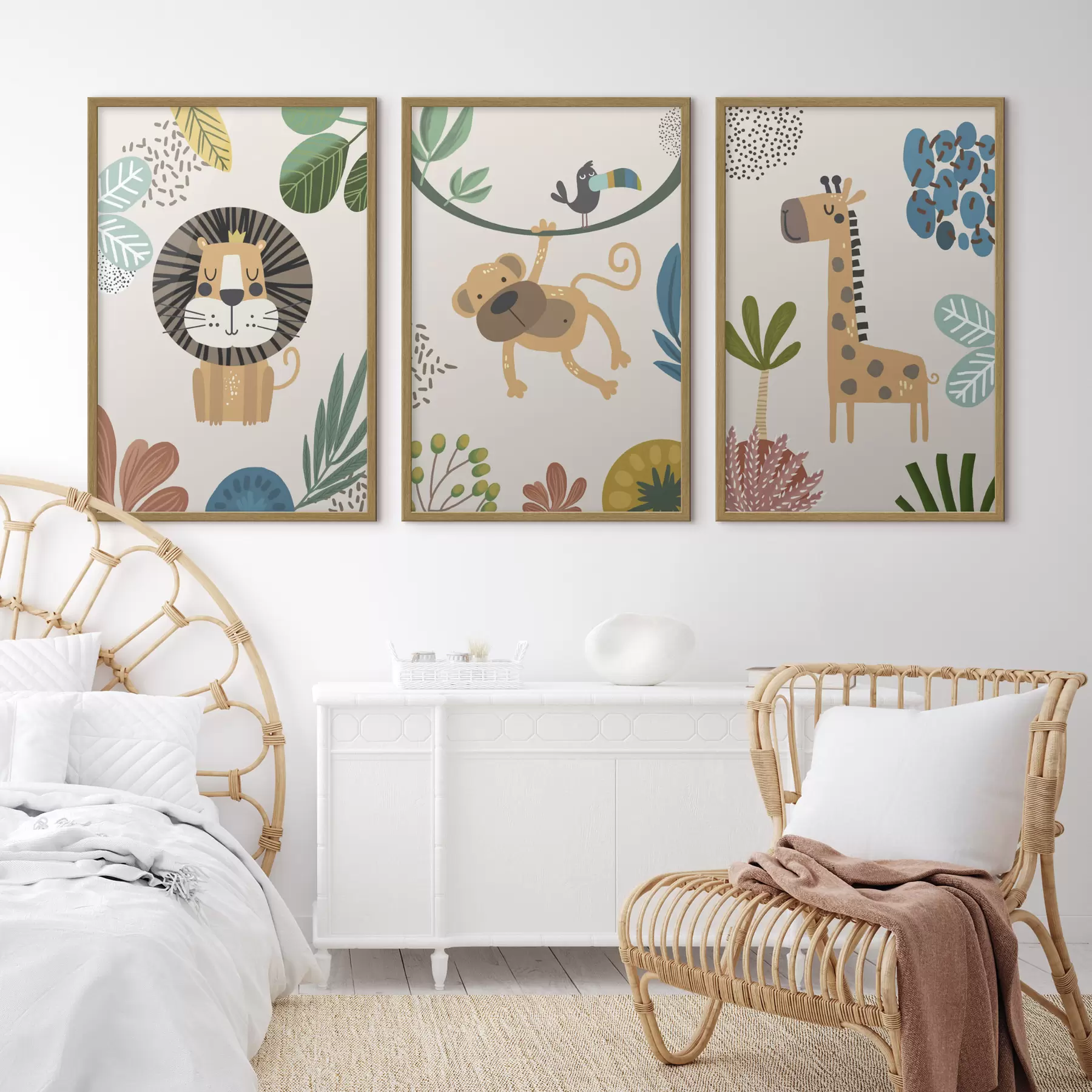Papier peint Animaux dans la jungle dans le style du safari, boho : singe, lion, girafe d00332