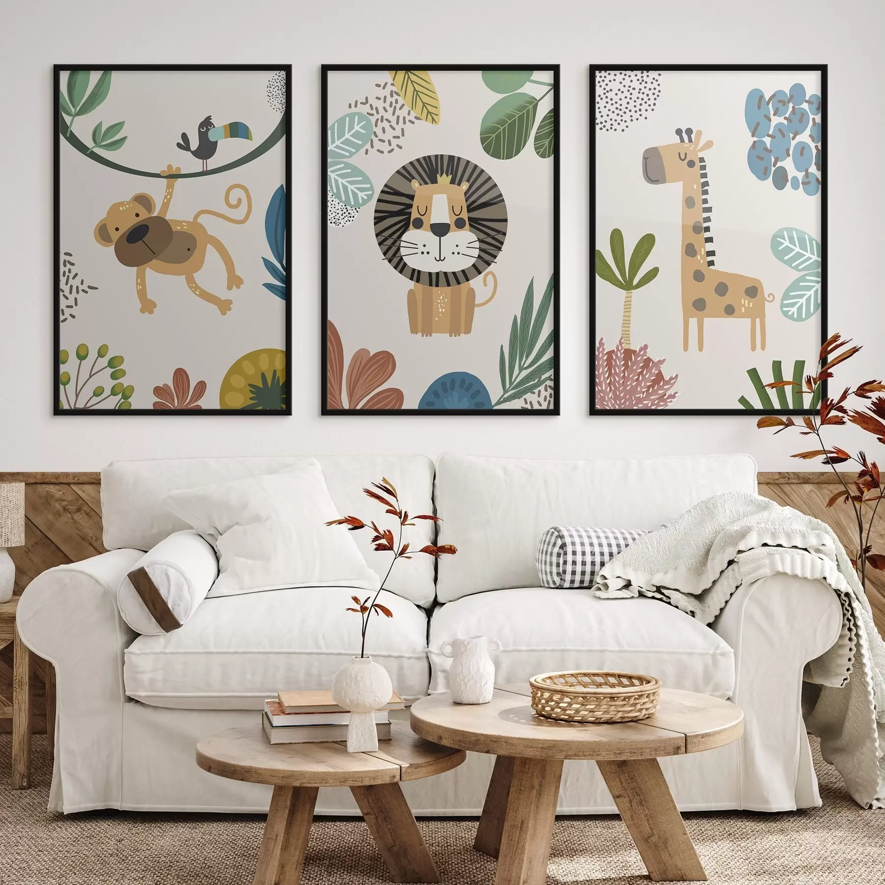 Papier peint Animaux dans la jungle dans le style du safari, boho : singe, lion, girafe d00332