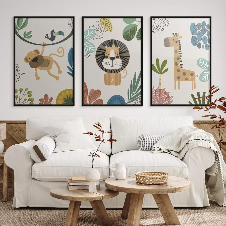 Papier peint Animaux dans la jungle dans le style du safari, boho : singe, lion, girafe d00332