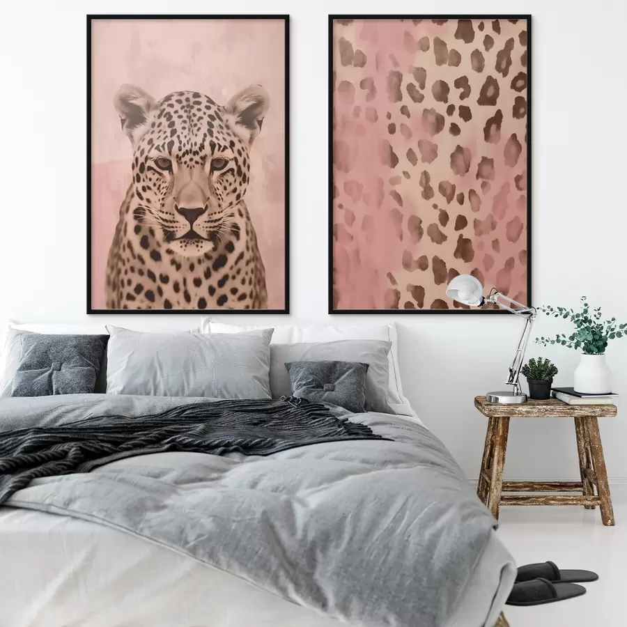 Papier peint Portrait d'un guépard, Motif abstrait avec impression de léopard sur fond rose d00402