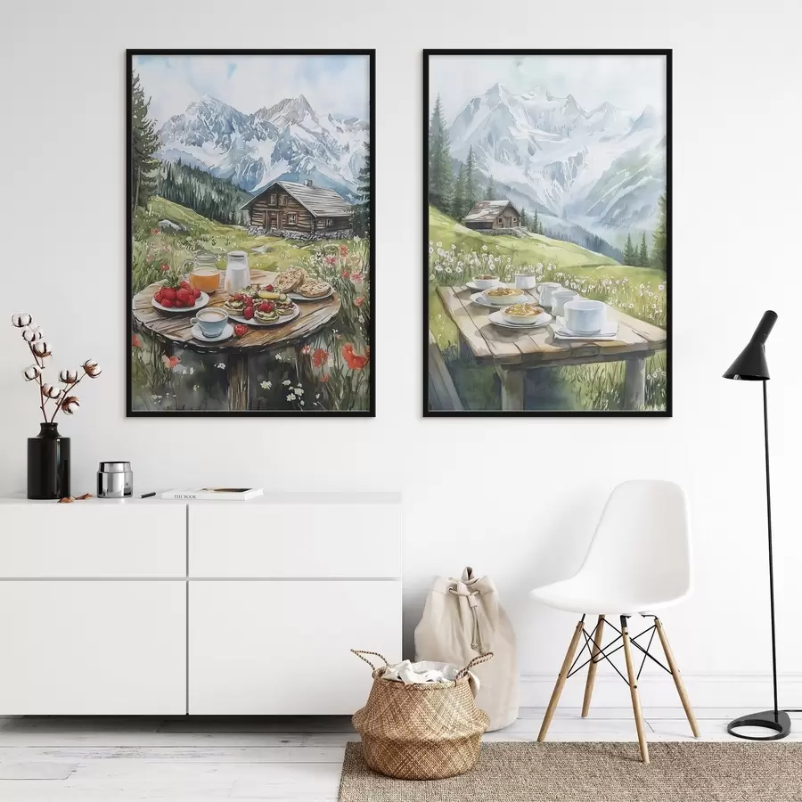 Papier peint Les Alpes, les beaux paysages de montagne, le petit déjeuner esthétique, les maisons en bois d00403