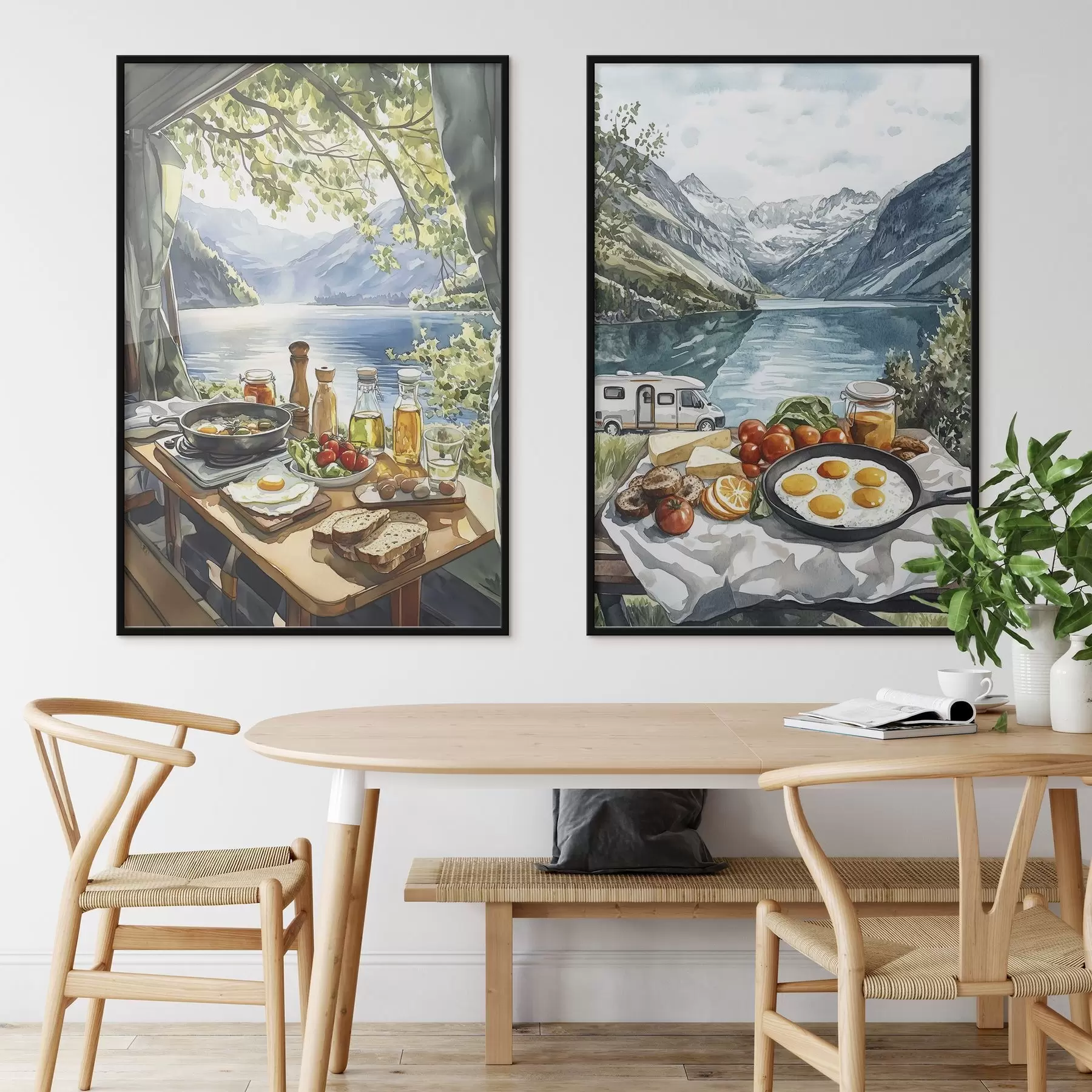 Papier peint Camping, petit déjeuner esthétique près du lac, style aquarelle d00405