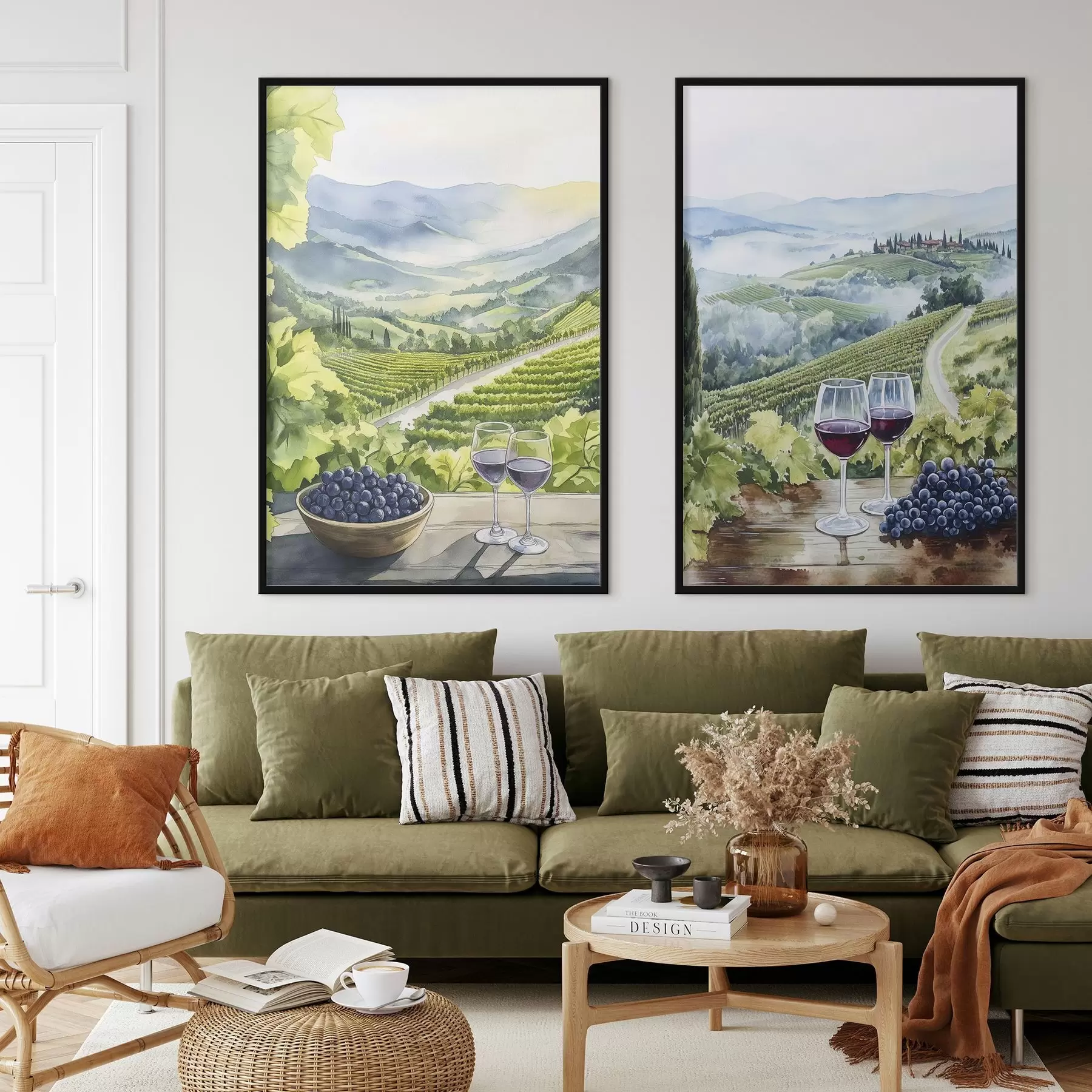 Papier peint Beaux paysages de Toscane, vignobles, verres à vin, style aquarelle, Italie d00408