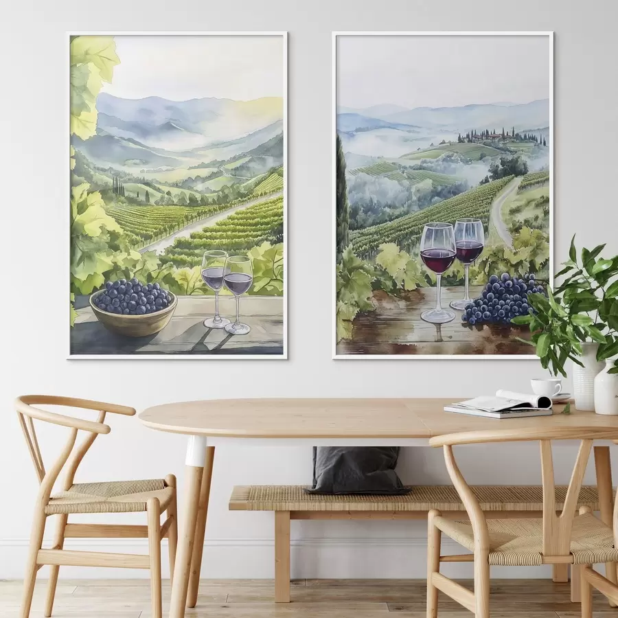Papier peint Beaux paysages de Toscane, vignobles, verres à vin, style aquarelle, Italie d00408