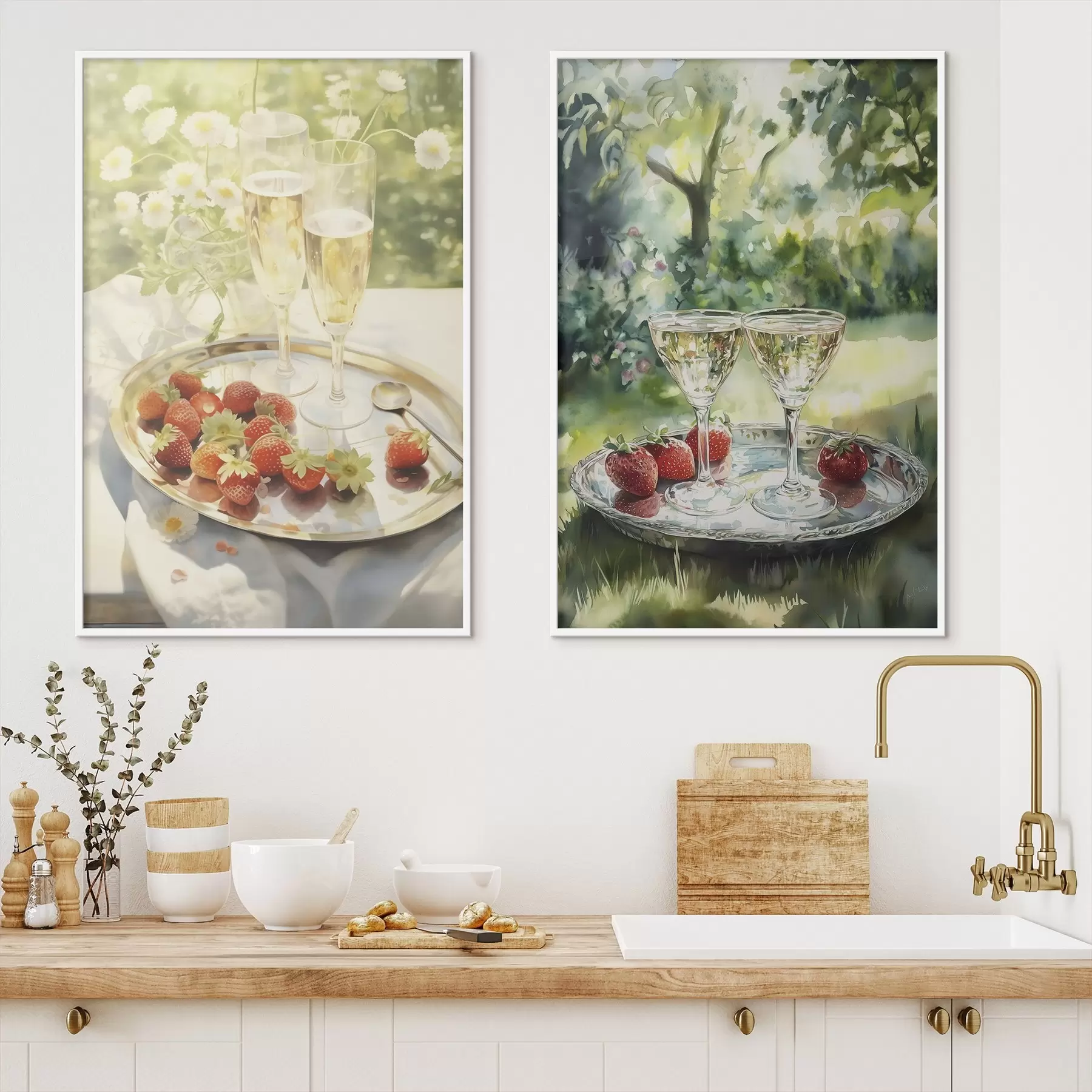 Papier peint Pique-nique d'été, coupes de champagne avec fraises sur le plateau, fleurs de camomille d00414