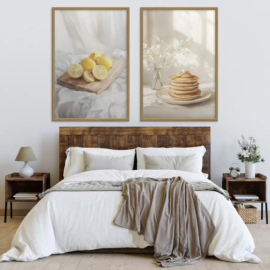 Papier peint Crêpes au beurre de cacahuètes, citrons sur la planche en bois, style aquarelle d00416