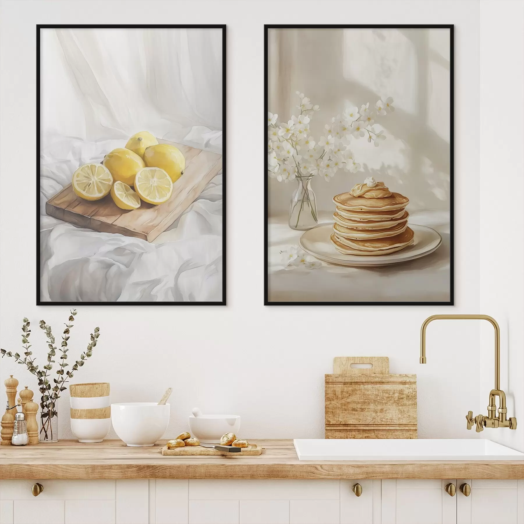 Papier peint Crêpes au beurre de cacahuètes, citrons sur la planche en bois, style aquarelle d00416