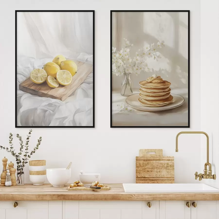 Papier peint Crêpes au beurre de cacahuètes, citrons sur la planche en bois, style aquarelle d00416