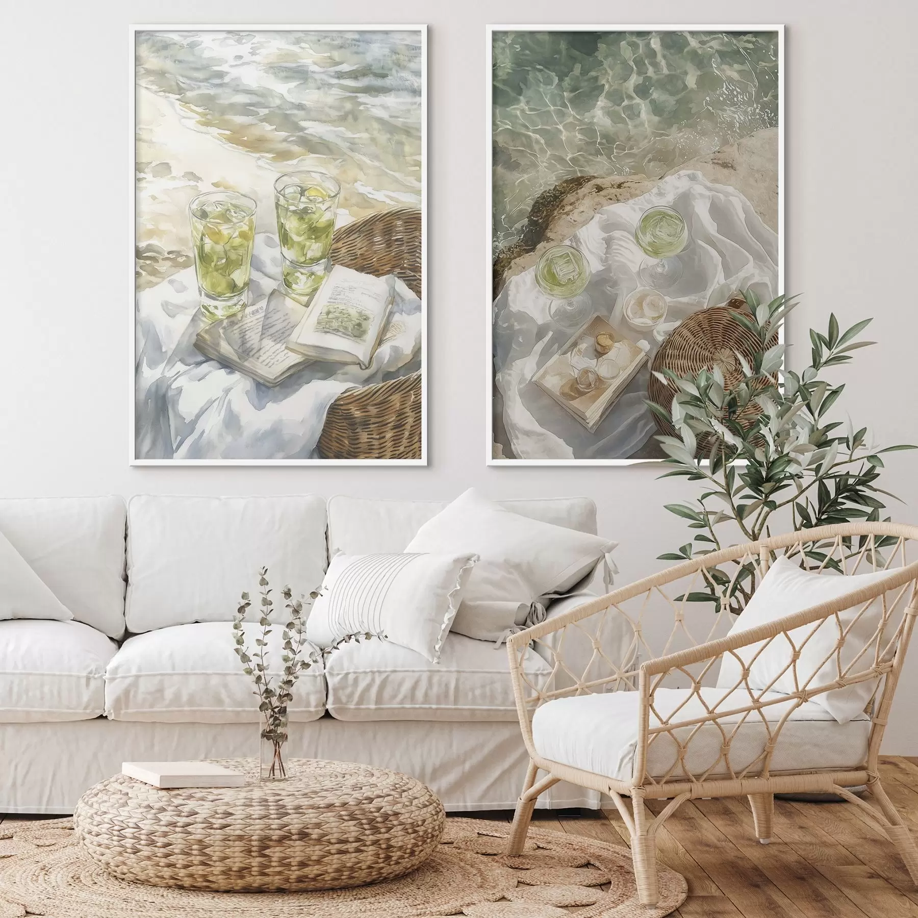 Papier peint Cocktails sur la plage, dessin à l'aquarelle, océan, pique-nique d'été d00417
